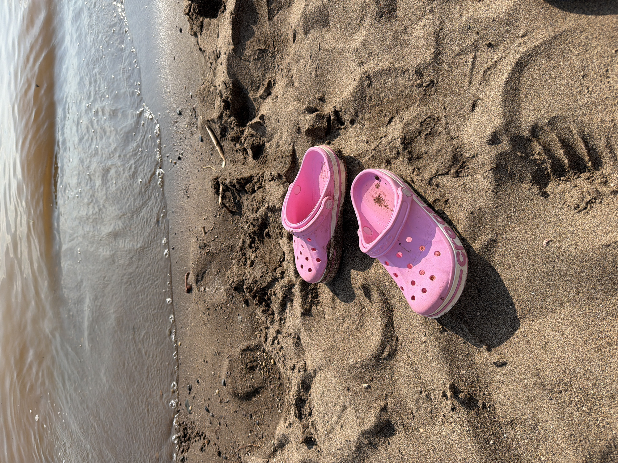The image shows a pair of pink clogs resting on a sandy beach near the water's edge in Krasnyi Bor, Russia. The clogs are facing away from the water, with the left clog slightly closer to the viewer. The sand is textured with footprints and scattered debris, including small sticks and pebbles. The water is a murky brown, with gentle waves lapping at the shore, creating a frothy line of bubbles. The sunlight casts shadows on the sand, highlighting the contours of the terrain.