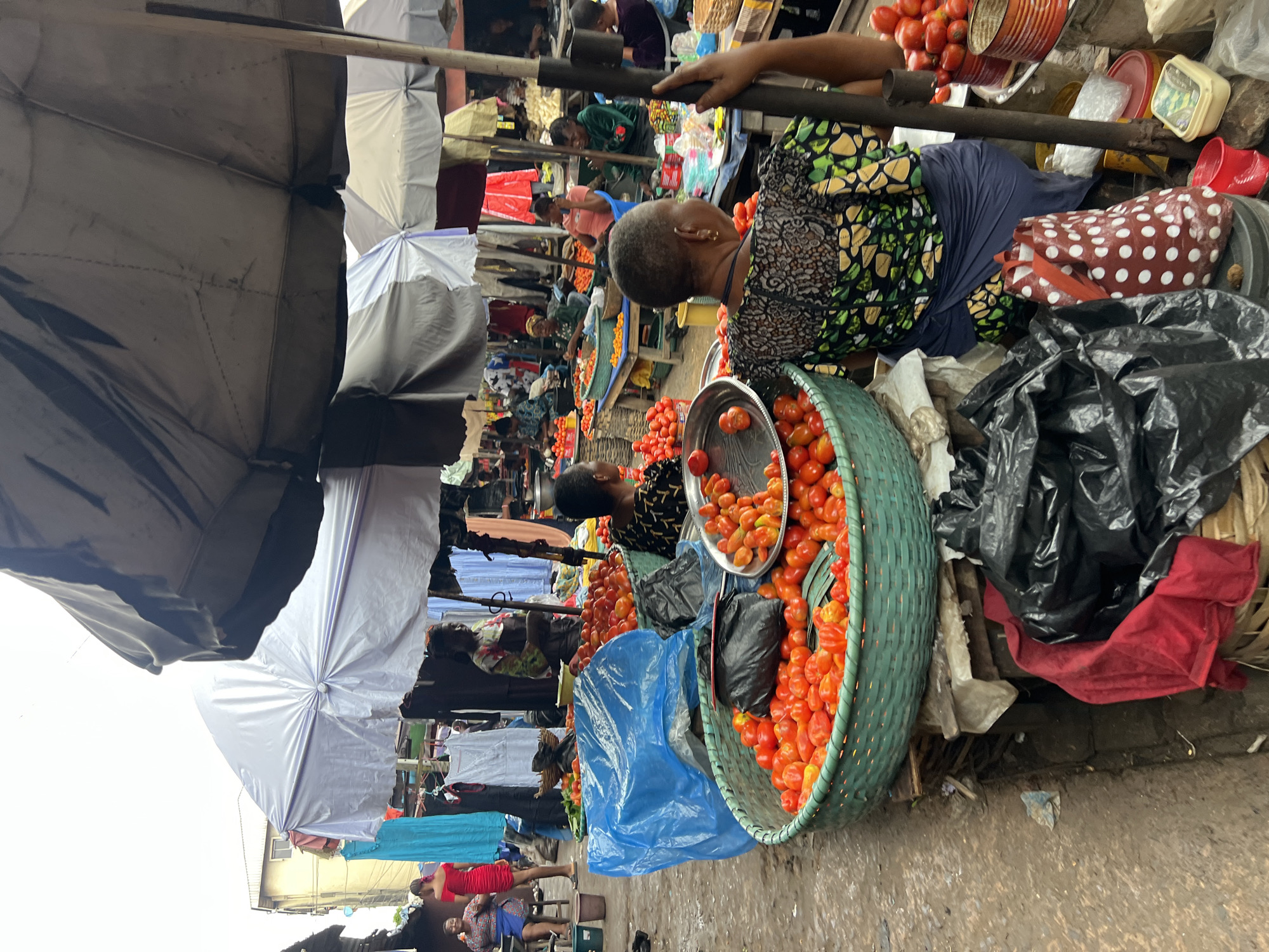 This image depicts a bustling market scene in Nkpor, Nigeria. The primary subjects are several individuals, predominantly women, engaged in commerce. One woman, in the foreground, wears a vibrant, patterned dress and is positioned near a large basket overflowing with ripe tomatoes. Another woman, to her left, is also tending to produce. In the background, more people are visible, suggesting a busy trading environment.
The scene is set within an outdoor market, characterized by stalls covered by umbrellas and tarps, creating a shaded atmosphere. Various objects are present, including baskets of tomatoes, sacks of produce, plastic bags, and what appear to be assorted goods displayed for sale. The ground is uneven and appears damp, possibly from recent rain or the general market activity.
The activity taking place is the buying and selling of goods, with a focus on fresh produce, specifically tomatoes. The overall impression is one of lively commerce and everyday life in a Nigerian market.
Notable details include the bright colors of the produce and clothing, contrasting with the more muted tones of the market infrastructure and the dark plastic bags. The time of day is not explicitly clear, but the lighting suggests it is daytime. There is no visible text in the image. The emotions conveyed are subtle, but the focus and posture of the individuals suggest concentration on their tasks. The location is identified as Nkpor, Nigeria.