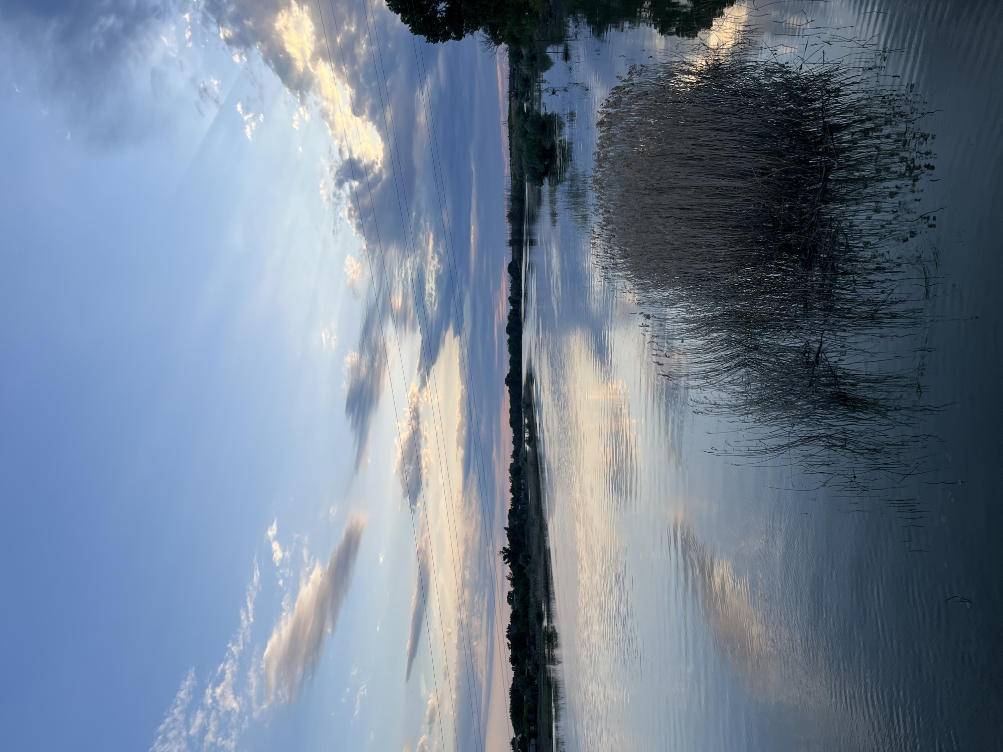 This landscape photograph captures a serene scene at dusk or dawn, with the sun's rays casting long shadows and illuminating the clouds. The image is oriented vertically, creating a sense of depth and reflection.
The foreground features a calm body of water, likely a river or lake, reflecting the sky and surrounding environment. On the right side of the water, a dense growth of reeds or tall grass creates a textured, abstract pattern in the reflection. The left side of the water shows a more ordered reflection of the sky, with gentle ripples disturbing the surface.
The sky is a dominant feature, painted with a gradient of soft blues and hints of orange and yellow, indicative of sunrise or sunset. Wispy clouds are scattered across the sky, some catching the golden light. In the upper left, the sun's rays are visible, radiating outwards. A few thin power lines stretch diagonally across the sky, adding a man-made element to the natural landscape.
Along the far bank of the water, a line of trees and vegetation forms a dark silhouette against the lighter sky. The reflections of these trees are visible in the water, adding to the overall symmetry of the scene. The setting appears to be a natural landscape, possibly a rural area or a park, given the presence of the power lines and the tranquil water. There is no visible text in the image. The overall mood is one of peace and quiet contemplation. The time of day is clearly indicated by the quality of light and the colors in the sky. The location context of Krasnyye Barrikady, Russia, suggests a geographical setting where such bodies of water and vegetation are common.