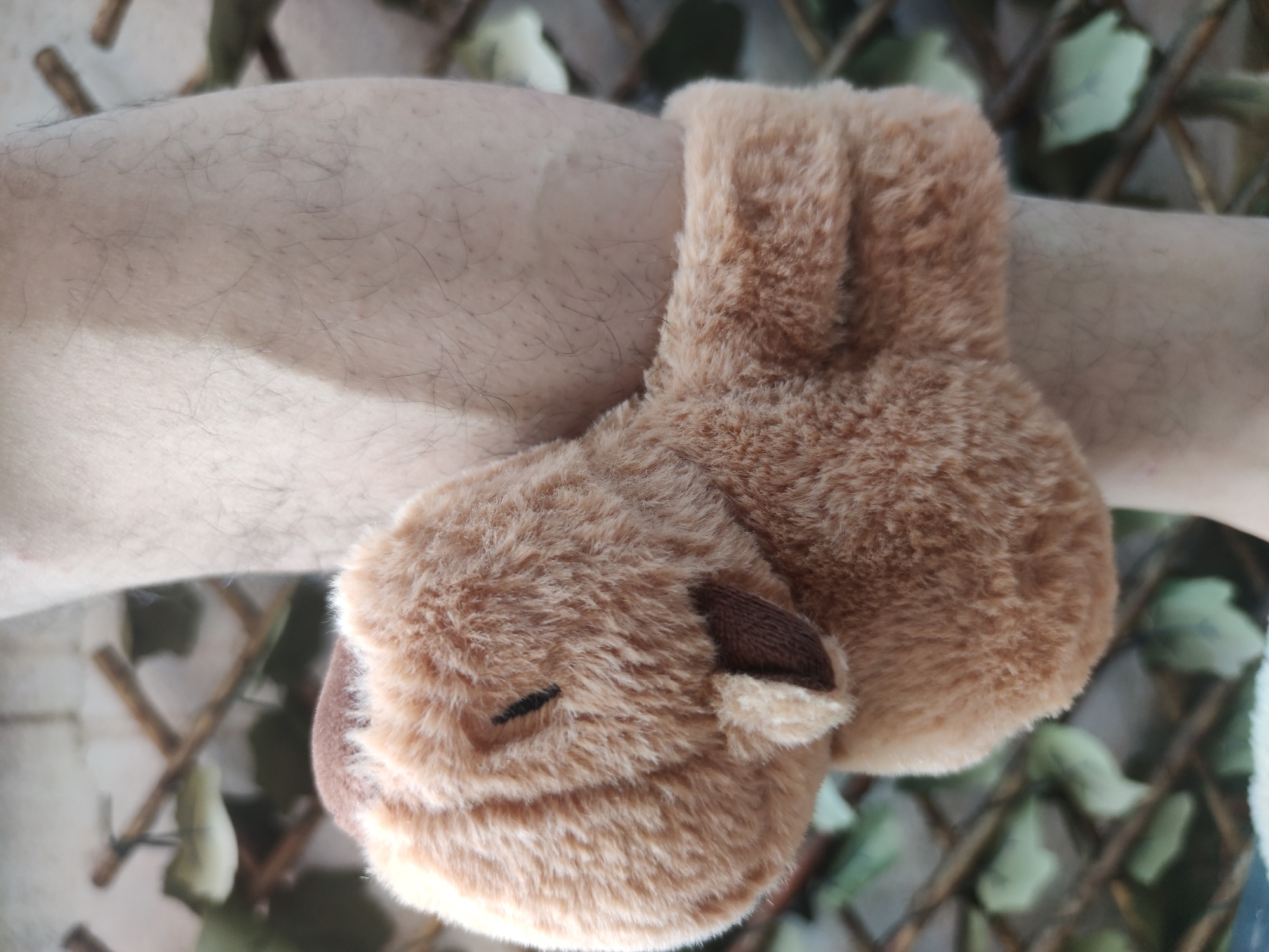 A light-skinned person's forearm is wrapped with a fuzzy, brown slipper. The slipper appears to be shaped like an animal's head. The background shows parts of a fence or trellis with foliage visible through the openings. The location cannot be determined from the image.