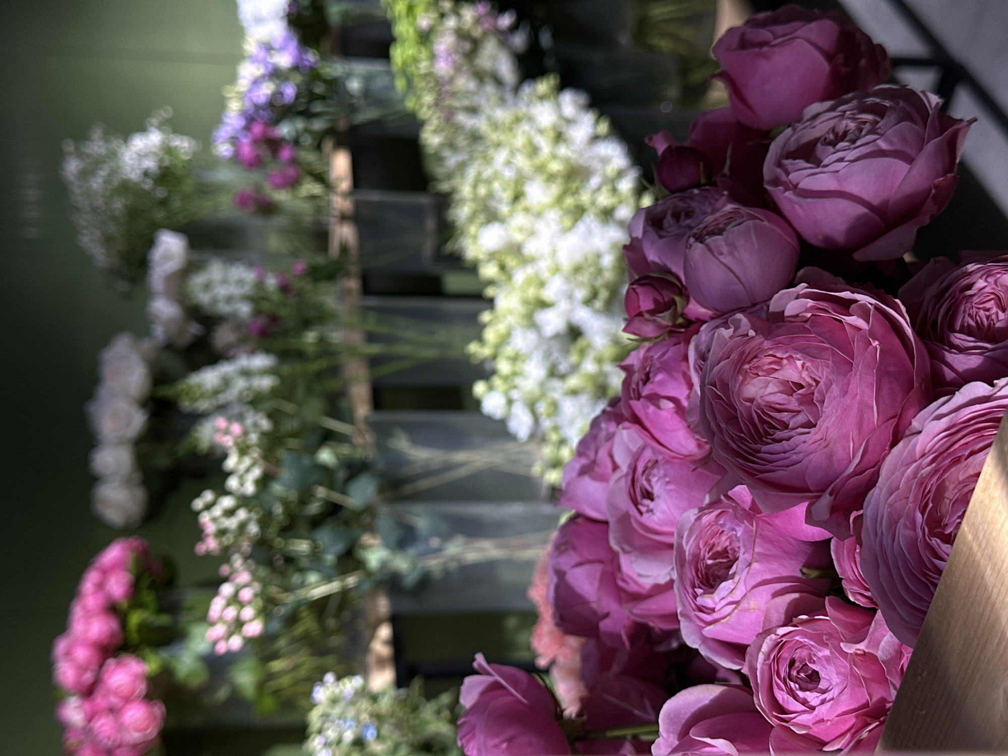A close-up shot displays an array of pink roses arranged in a display, with a backdrop of various other flowers in white, pink, and purple hues. These flowers are arranged on what appears to be a wooden tiered structure. The roses are the primary focus, exhibiting tightly packed petals. The lighting creates highlights and shadows on the roses, enhancing their texture. In the background, the blurred assortment of flowers suggests a floral arrangement or shop setting. While the image provides floral details, it lacks specifics to definitively pinpoint a location in Chișinău, Moldova.