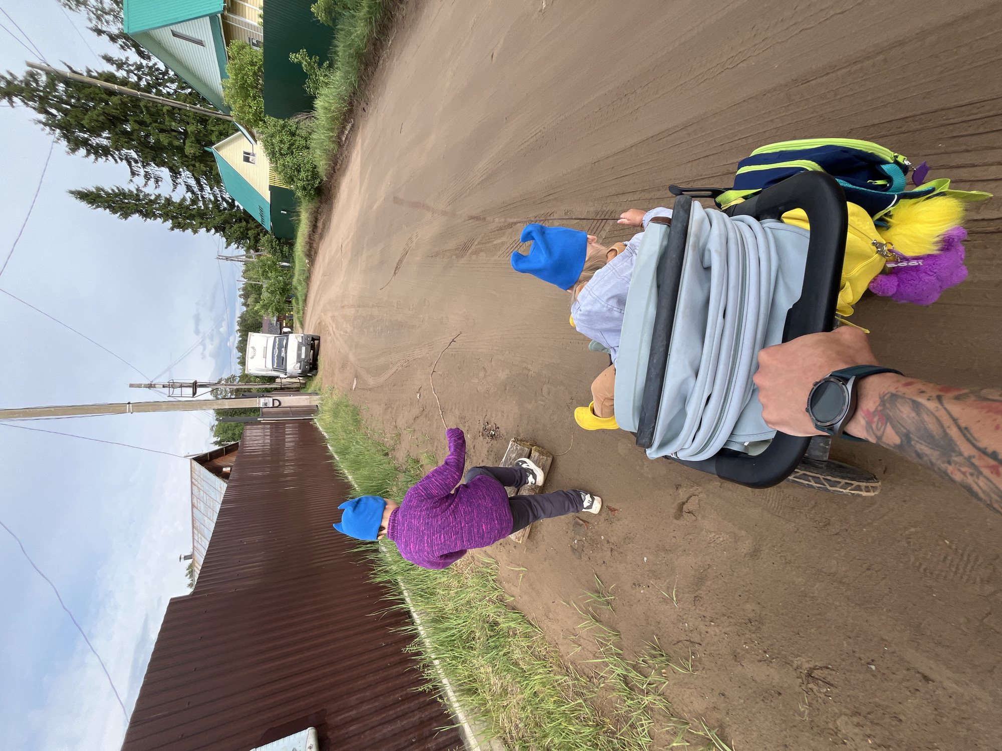 A first-person, eye-level shot shows a person pulling a black wagon along a dirt road in what appears to be the city of Chaikovsky, Russia. Inside the wagon sits a child wearing a blue hat. Next to the wagon, another child wearing a purple shirt and a blue hat is playing on a small wooden block. The person pulling the wagon is wearing a smartwatch and has tattoos on their arm. In the distance, a white vehicle can be seen on the road. There are houses and fences lining the road on either side. The sky is overcast.