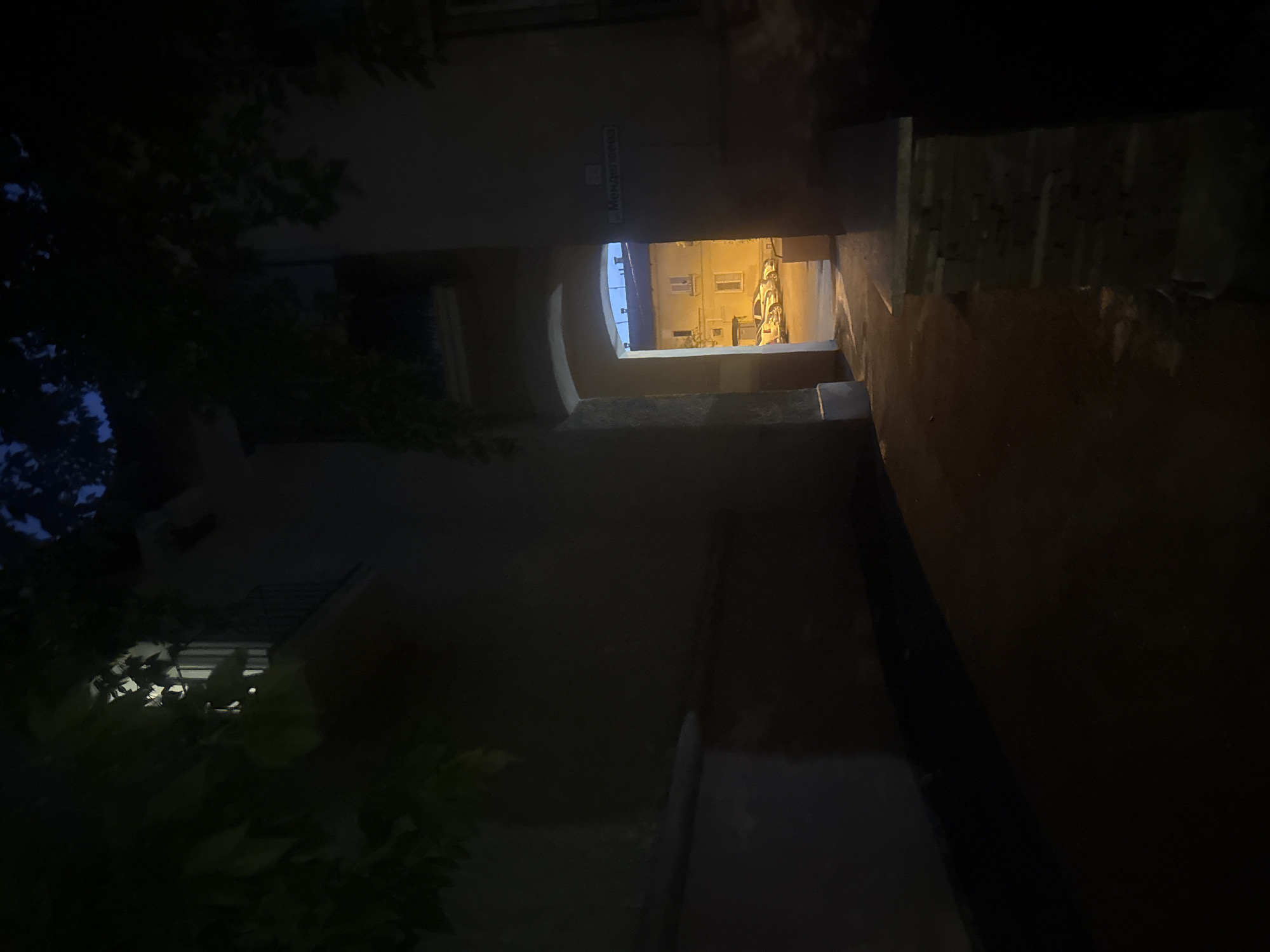 The image depicts a dark alleyway at night with an archway leading to a street. A building is visible through the archway, illuminated by interior lights and streetlights. Several cars are parked on the street. A sign is affixed to the wall next to the archway, which appears to be in Russian. The environment suggests an urban setting, likely in Magnitogorsk, Russia, given the sign. The alleyway is paved and appears wet, possibly from recent rain. Foliage hangs from above in the foreground, adding to the somber atmosphere. There are no people visible in the image.