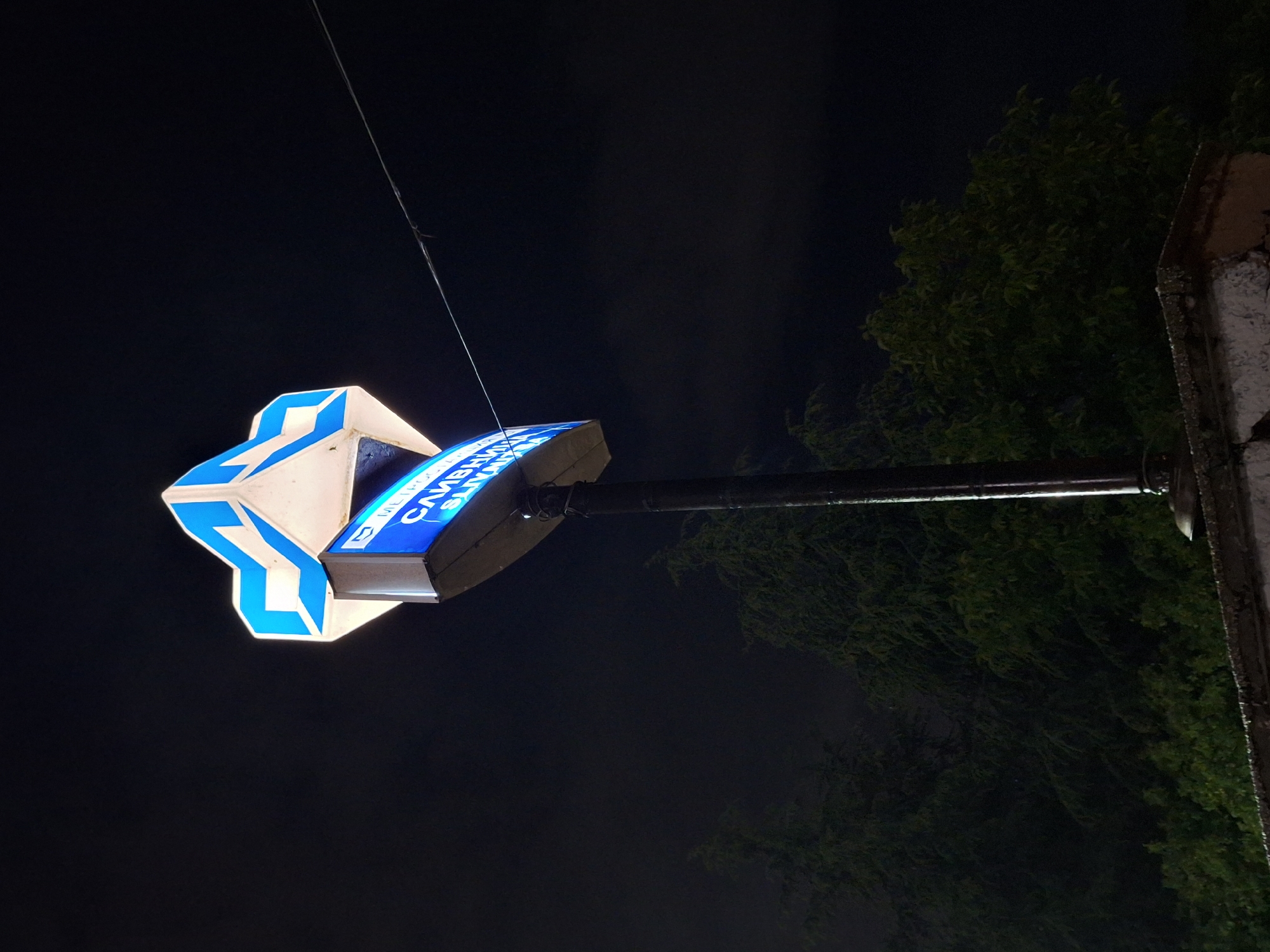 The image presents an outdoor nighttime scene dominated by an illuminated sign. The sign is mounted on a dark pole, positioned centrally and leaning towards the left. It features a distinctive, angular design, primarily white with vibrant blue accents, and emits a bright glow. On the blue face of the sign, white text is visible, partially reading "CAMBIO" above another word that appears to be "SLOVKI" or similar, suggesting a currency exchange business.
The background consists of a dark, featureless night sky that fills the upper and left portions of the frame. A thin wire stretches diagonally across the top, passing above the sign. To the right, a mass of dark green foliage, indicative of a tree or dense bushes, is visible, partially lit by the sign's glow. On the far right edge of the image, a weathered, vertical structure, possibly a concrete pillar or wall, with a rough texture and a dark, possibly metallic, trim, completes the scene. No people or specific events are depicted. The time of day is clearly night, with the illuminated sign serving as the primary light source in the dark environment.