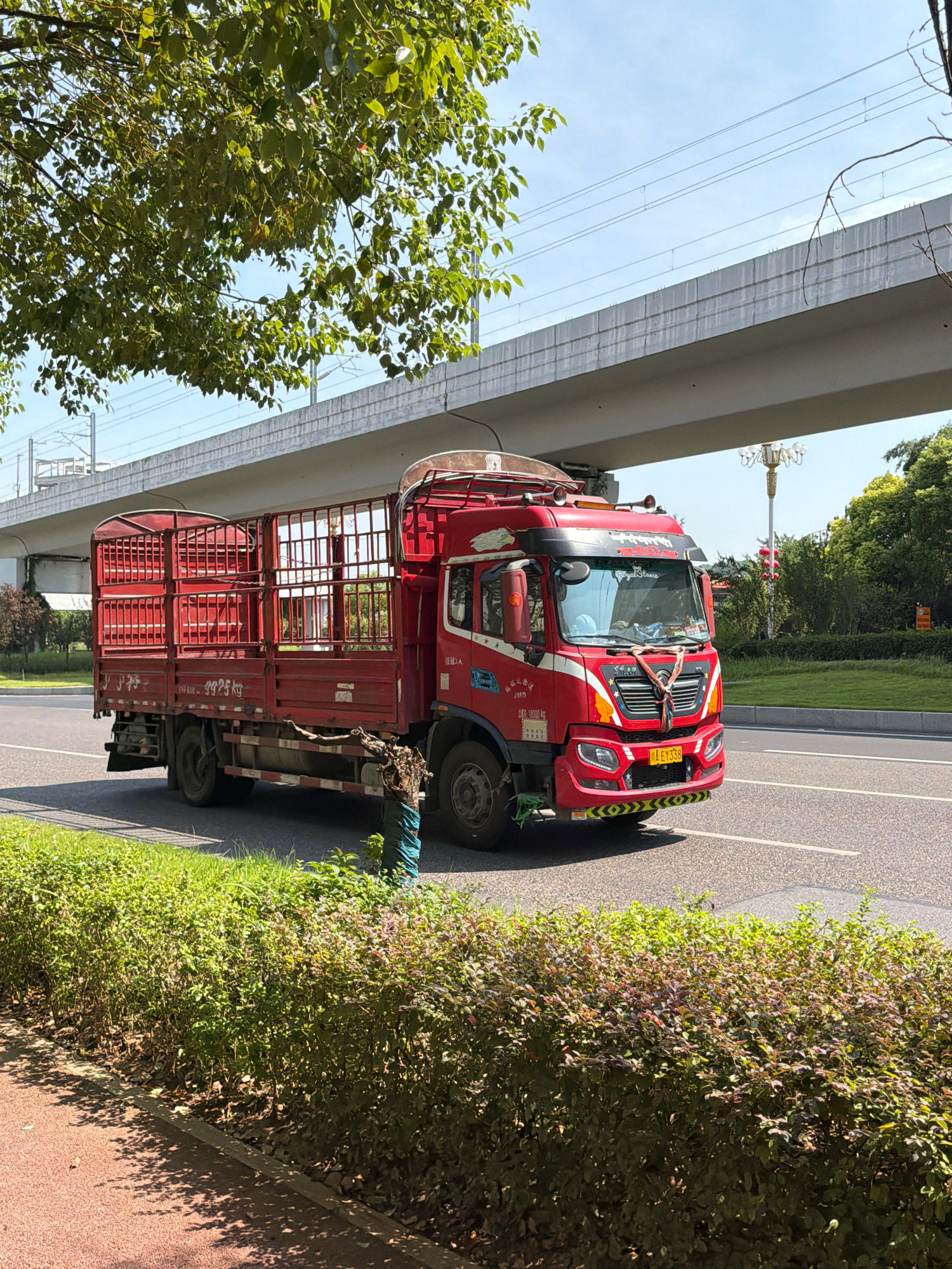A red truck is driving on a road under an elevated highway structure. The truck has a caged bed and appears to be carrying goods. The scene is outdoors on a sunny day with green trees and bushes visible. The truck has Chinese license plates and text in Chinese on its side. There are no people visible in the image. The environment suggests an urban or suburban setting in China, likely Jiangjin, China, given the context of the request.