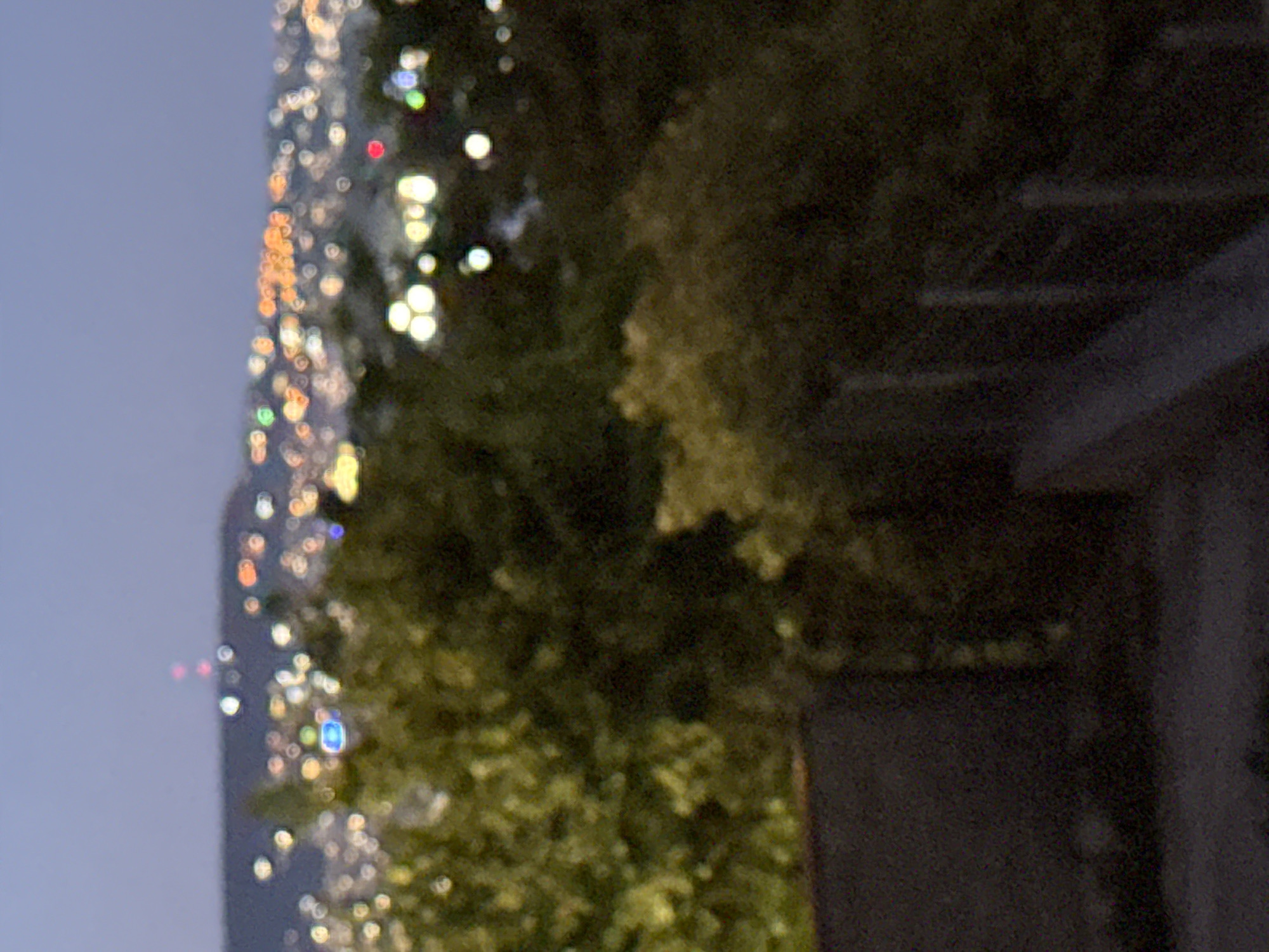 The image is a photograph taken at dusk of a city skyline. The foreground is dominated by dark green trees, with a dark, rectangular structure on the left. In the background, the city lights are visible, appearing as blurred orbs of various colors, including white, orange, yellow, and red. The sky is a pale, hazy blue. A tall, slender structure with red and white lights is visible on a distant hill. The overall impression is of a sprawling urban landscape illuminated at night.