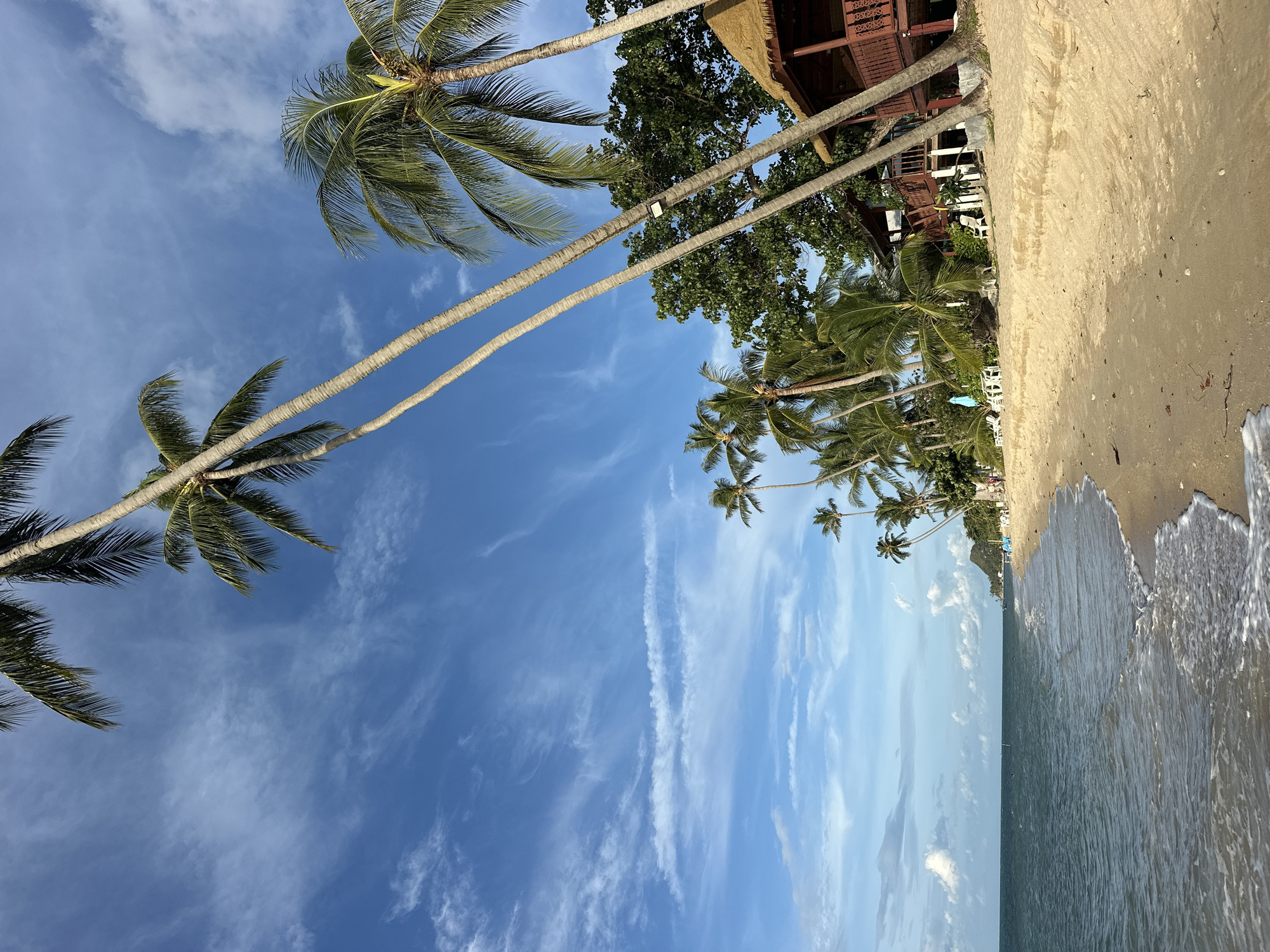 An idyllic beach scene on Ko Samui District, Thailand, unfolds under a bright blue sky scattered with wispy white clouds. The foreground is dominated by a sandy beach, gently sloping towards the turquoise ocean where small waves are breaking, leaving a foamy white edge along the shore. Lush green palm trees, with their distinctive fronds reaching towards the sky, line the beach. To the right of the frame, a cluster of wooden bungalows with thatched roofs are nestled amongst the trees, suggesting a resort or accommodation. In the distance, several figures can be seen strolling along the beach or relaxing on chairs, adding a sense of human presence to the tranquil setting. The overall atmosphere is one of peaceful relaxation and natural beauty, characteristic of a tropical island paradise.