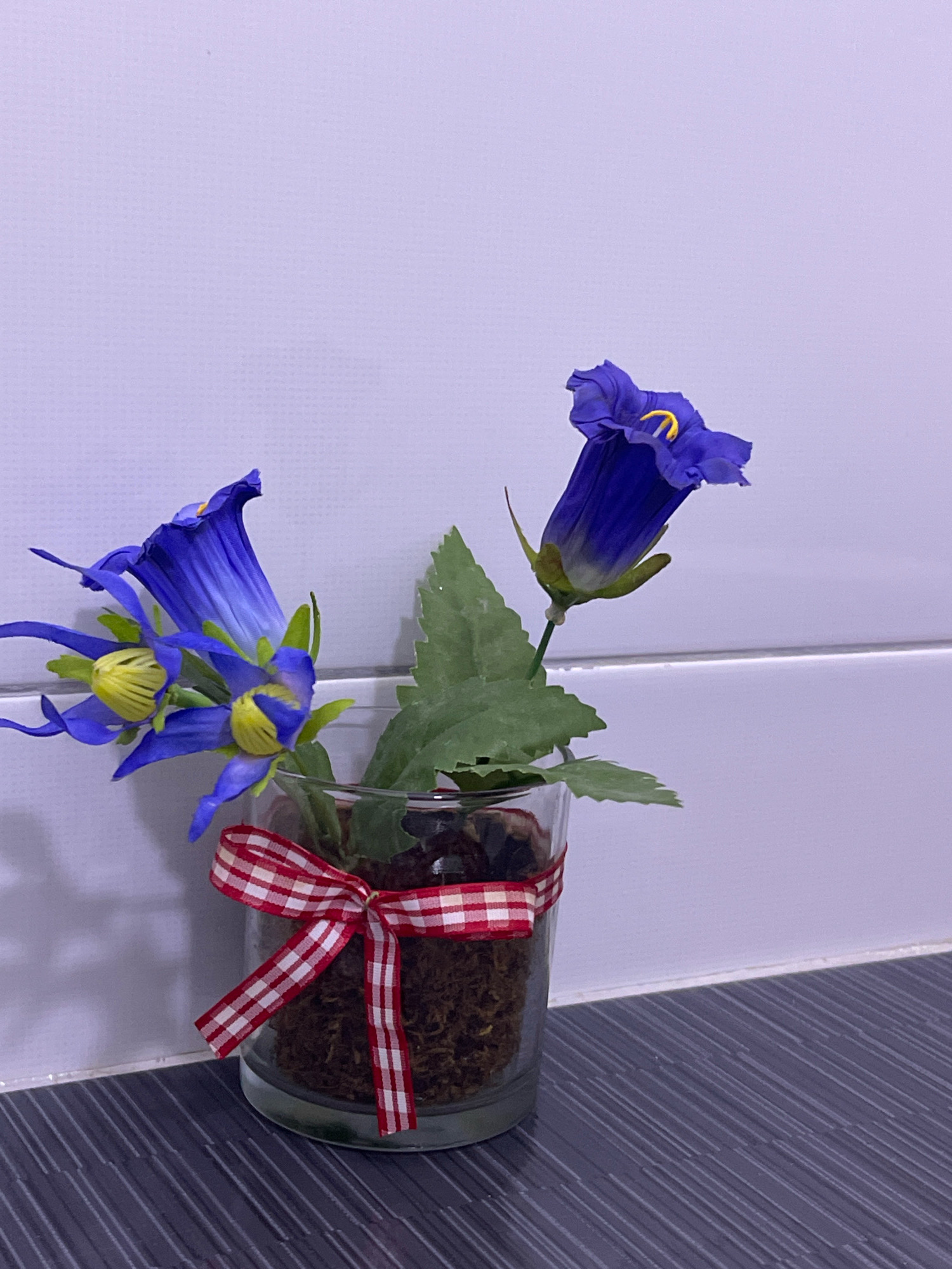 A small glass vase containing artificial blue flowers and green leaves is placed on a dark gray surface with thin, light gray lines. A red and white checkered ribbon is tied around the vase. The background is a light purple wall with horizontal white stripes. The scene is indoors, possibly in Mirushë, Kosovo, given the context. No people are present.