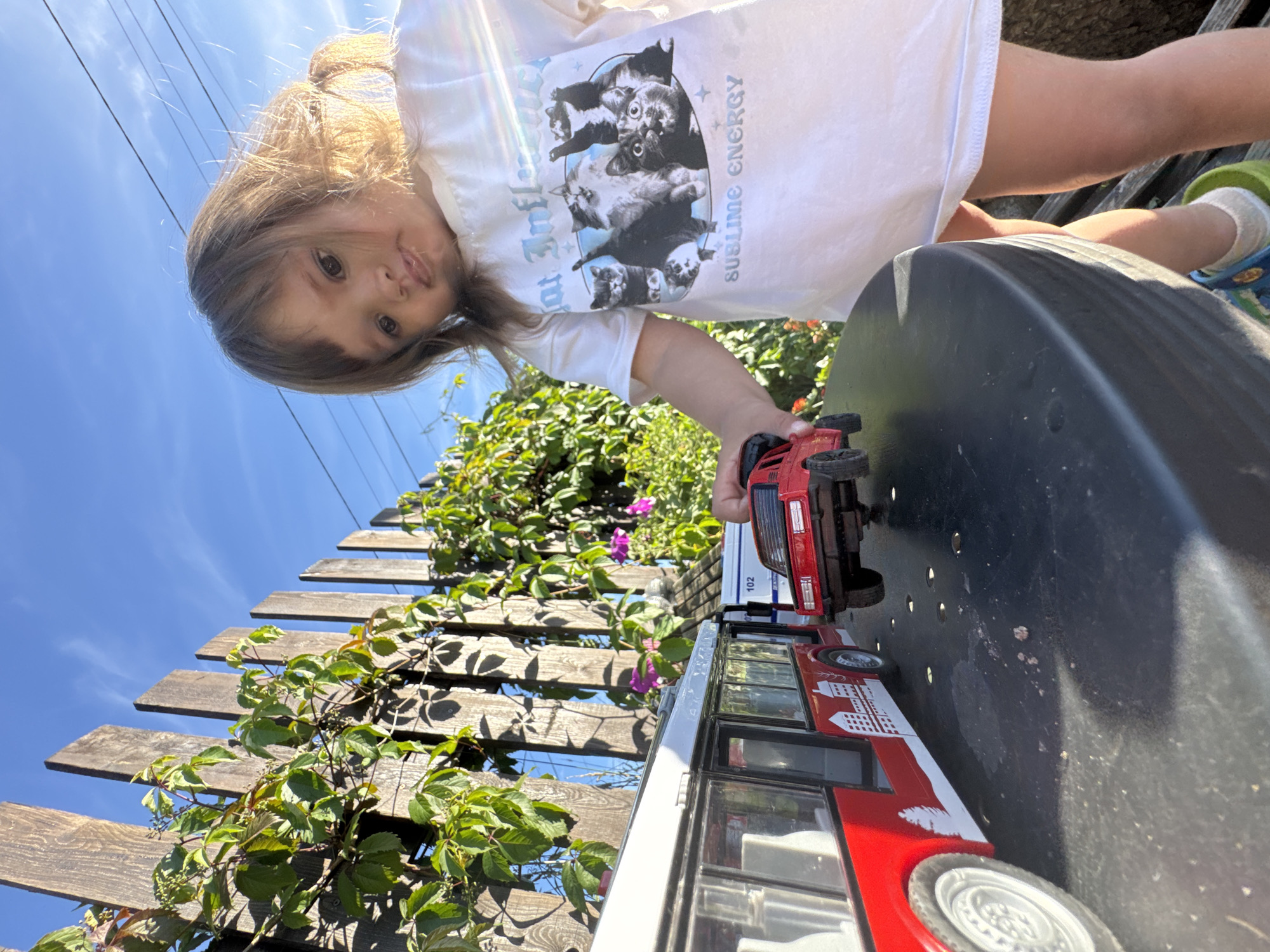 In Kempelevo, Russia, a young girl is playing with toy vehicles on a table outdoors. She is wearing a white t-shirt with a graphic of cats and the text "Cat Influence" and "Sublime Energy". She is holding a small red toy truck, and a toy bus is visible beside her. The scene is set against a wooden fence and lush greenery under a clear blue sky.