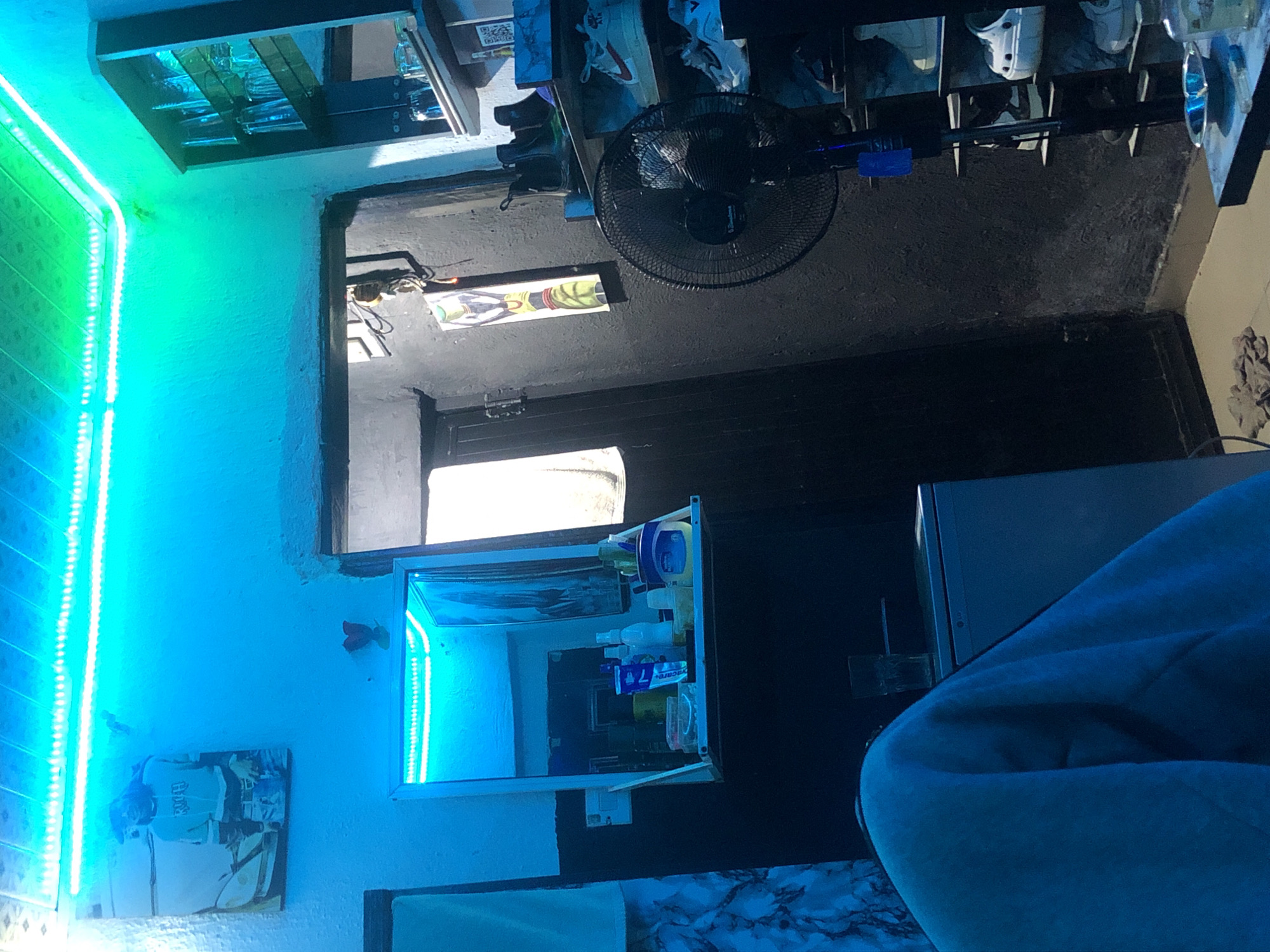 The image shows an indoor scene, possibly a room. There are blue and green LED strip lights illuminating the space. On the wall, there is a framed picture of a person wearing a hat and a hoodie. To the right of this, there is a doorway leading to another area which is darker. A shelf unit is visible on the far right wall, holding various items including glasses and shoes. In the foreground, a person is partially visible, wearing a blue garment. A black oscillating fan is positioned in the middle of the room. A mirror with a shelf below it is mounted on the wall, displaying toiletries and other items. The walls appear to be textured and painted in dark colors.