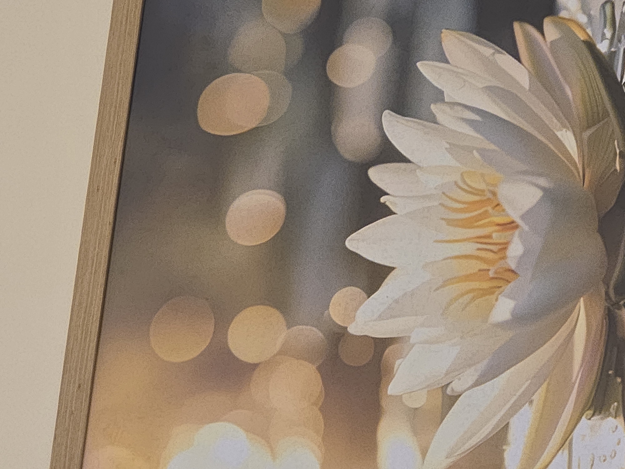 A framed picture hangs on a wall. The picture shows a flower in bloom against a blurred, bokeh-lit background. The flower is primarily white with a yellow center. The frame is a light wood color.