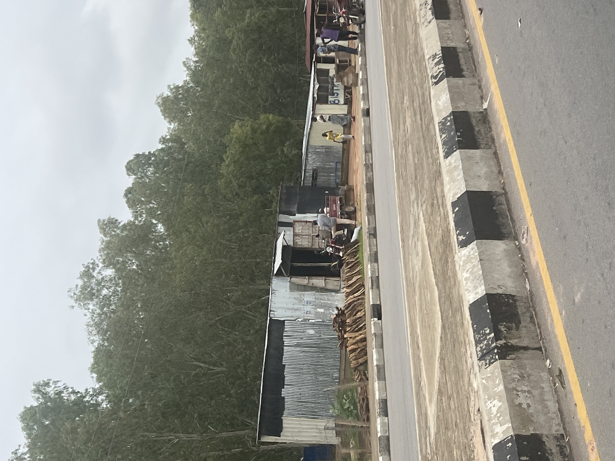 The image depicts a roadside scene in Jalingo, Nigeria, characterized by a row of makeshift stalls constructed from corrugated metal. The stalls are situated along a paved road, with a concrete barrier separating the road from the stalls. In front of one of the stalls, a pile of firewood is stacked. Several individuals are visible, some standing and interacting, while others are seated. One stall has the word "BISTRO" painted on its facade. A motorcycle is parked near some of the stalls, and a small cart is also present. The background is dominated by a dense line of trees, suggesting the area is on the outskirts of the city or adjacent to a forested region. The sky is overcast, indicating a cloudy day. The overall impression is one of a local market or commercial area set up along a transportation route.