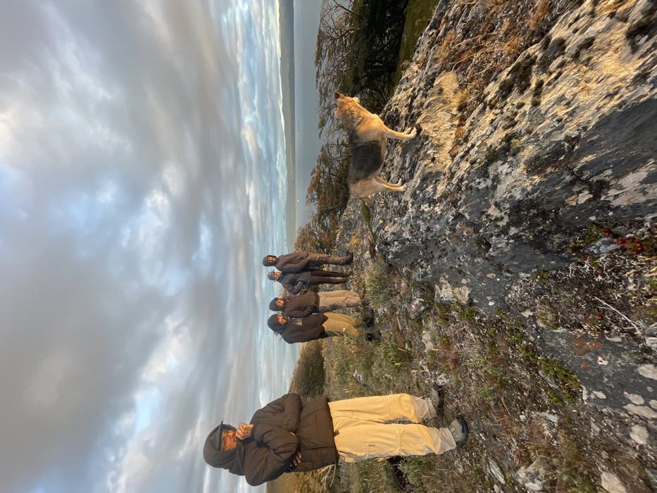 Four people stand on a cliff's edge near a dog that is looking out over the horizon. The dog appears to be barking. They are all dressed warmly. The sky is overcast with low clouds. The horizon shows a body of water in the distance. The cliff is rocky and covered in moss and some small vegetation.
