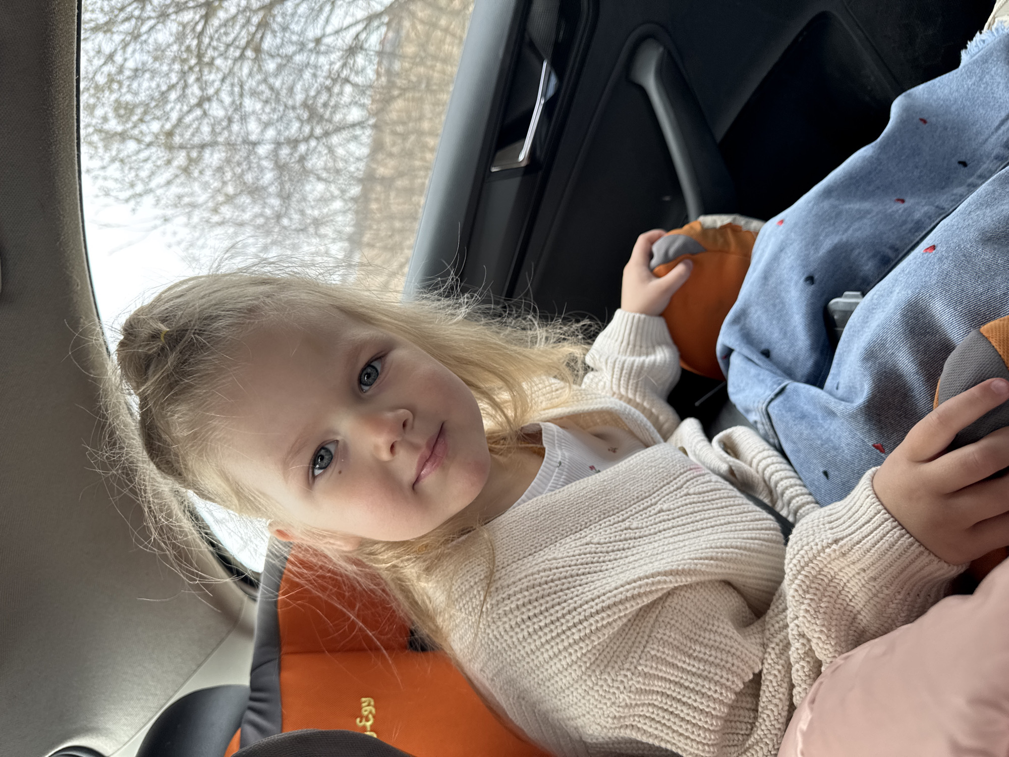 A young child with blonde hair and blue eyes is the central subject of the image, seated in a car and looking directly at the camera. She wears a cream-colored, knitted cardigan over a white top, and is secured in an orange and dark grey car seat. In her right hand, she holds a small orange plush toy. Adjacent to her, part of a leg or a large toy is visible, clad in blue jeans adorned with small red embroidered dots.
The setting is inside a vehicle, likely the back seat, with glimpses of the car's interior paneling and window frame. Through the window, an outdoor scene of bare tree branches against a bright, overcast sky suggests a cooler season, such as late autumn, winter, or early spring. The lighting is diffused, indicating daytime without direct sunlight. The child's expression is calm and composed. On the orange fabric of the car seat, faint text resembling "Э6У" can be observed. The overall scene captures a quiet moment during a journey, with the location context being Горный, Russia.