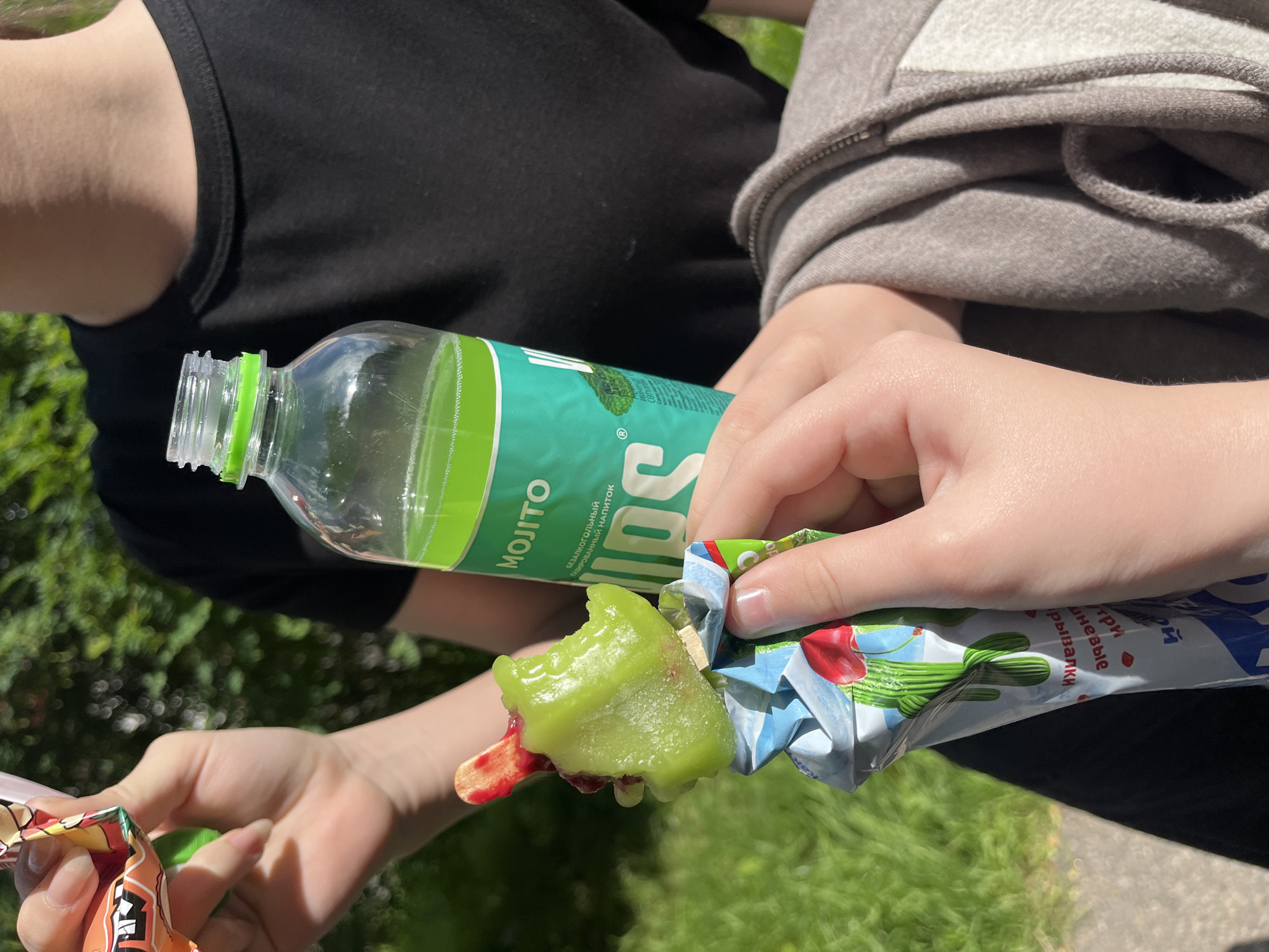 Two individuals are outdoors, engaged in consumption of frozen treats and beverages. In the foreground, a person's hands are holding a melting green popsicle with a red center, presented in a crumpled, colorful wrapper adorned with images of cacti and cherries. To the right, another person's hands hold a transparent plastic bottle containing a vibrant green liquid, labeled "MOJITO" in Russian. The background features blurred green foliage and sunlight, suggesting a park or a similar outdoor setting. The overall scene depicts a casual, warm-weather moment.