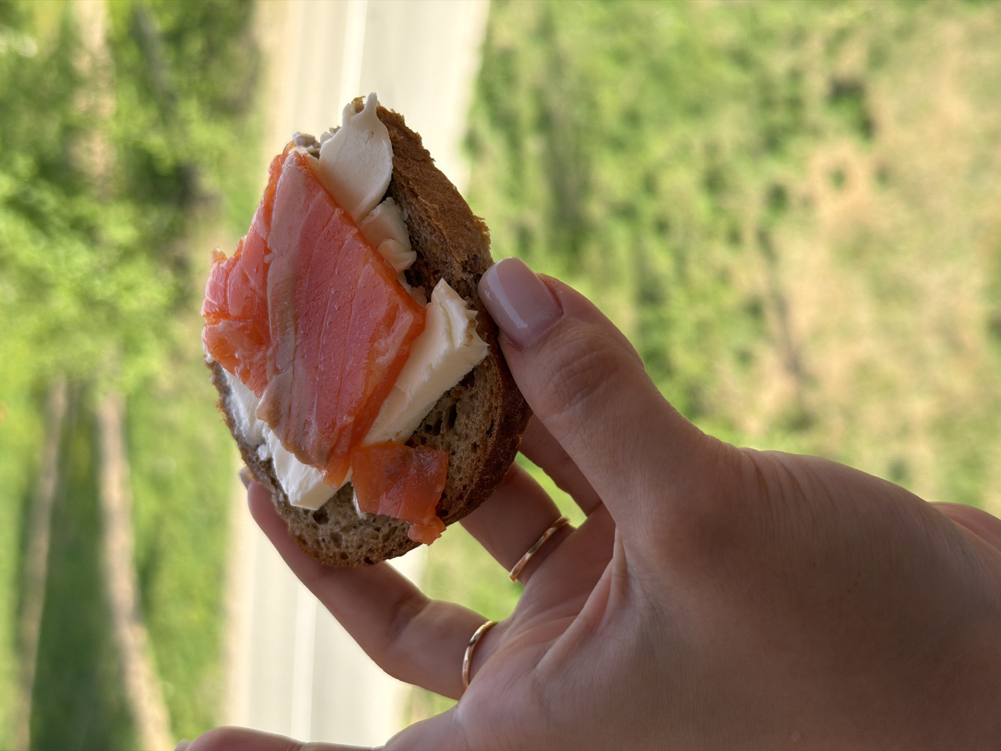 A hand holds a small, round piece of dark bread topped with white cream cheese and slices of salmon. Two thin gold rings adorn the fingers of the hand. The background shows greenery, possibly trees or foliage, suggesting an outdoor setting. The location is Chaikovsky, Russia.