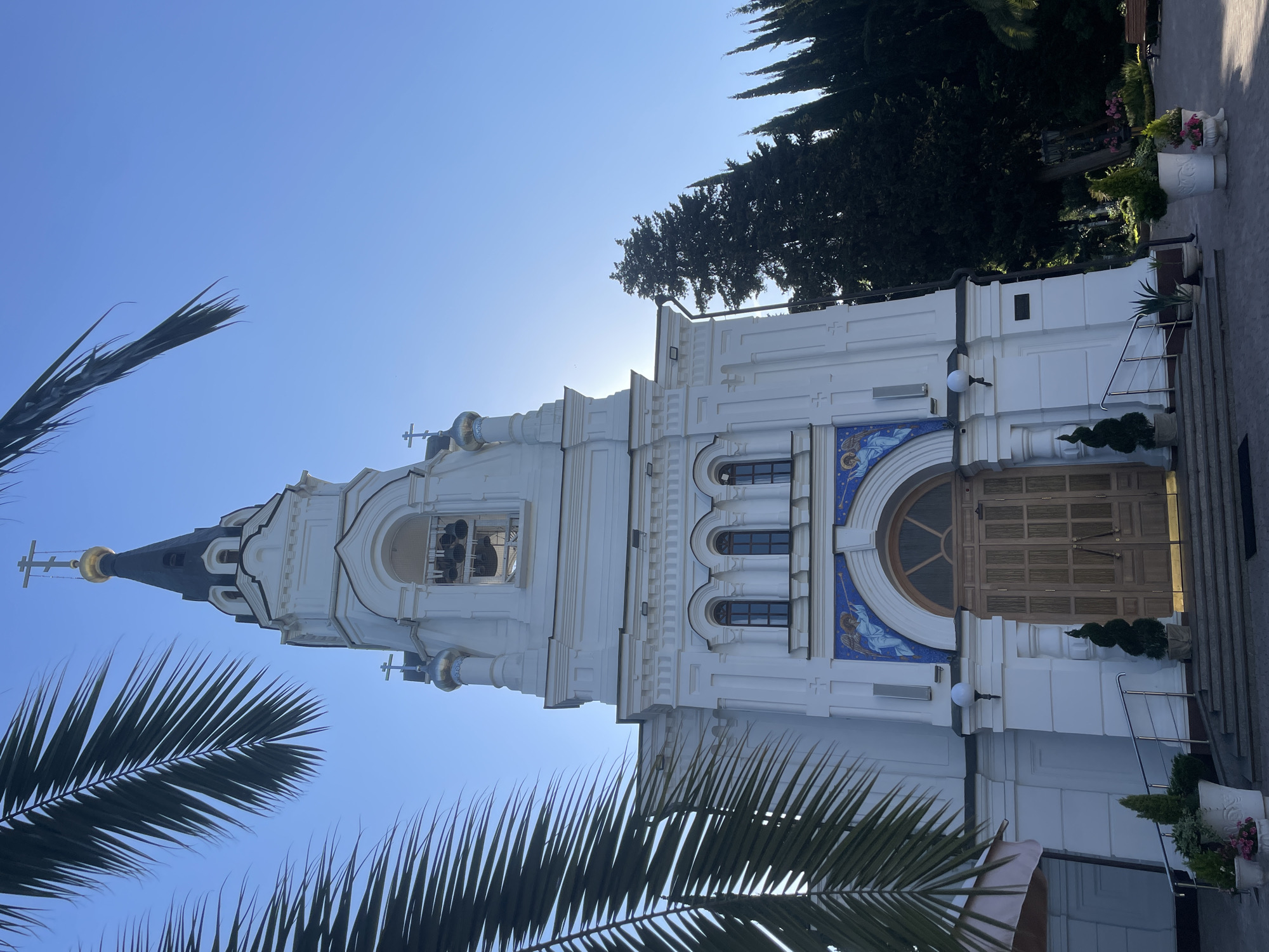 The image displays a majestic, white Eastern Orthodox church situated in Sochi, Russia, bathed in bright sunlight under a clear blue sky. The main structure features a prominent, tall bell tower with multiple tiers, capped by a dark, conical roof culminating in a golden dome and a cross. Bells are visible through the arched openings in the bell tower.
The church's facade is intricately designed with classical architectural elements, including pilasters, cornices, and arched windows. A grand, ornate wooden door serves as the main entrance, topped with an arch. Flanking the entrance arch is a striking blue and gold mosaic artwork, which appears to depict winged figures, possibly angels.
In the foreground, large, dark green palm fronds partially frame the left and bottom sections of the image, adding a tropical touch. On the right side, behind the church, dense, tall evergreen trees, resembling cypresses, rise against the sky. The sunlight creates a soft glare behind the upper part of the bell tower, suggesting either morning or late afternoon. Wide stone steps lead up to the church entrance, accompanied by a metal railing. Decorative potted plants, some with pink blooms and others with sculpted greenery, are placed near the steps and entrance, enhancing the welcoming aesthetic.
The scene conveys a sense of peaceful grandeur and architectural beauty, characteristic of a religious site in a warm climate. There is no visible text in the image.