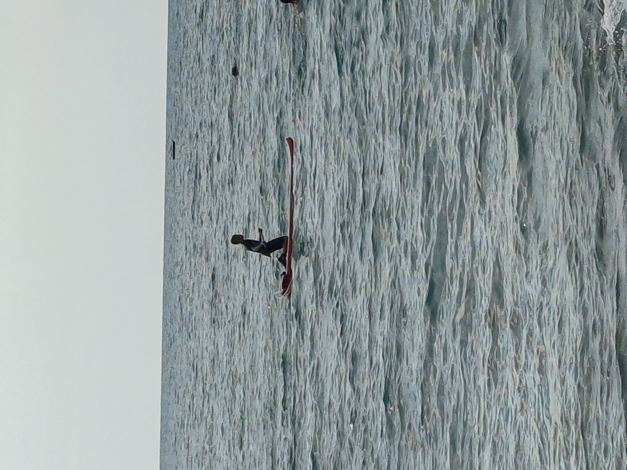 The image shows a person ice climbing on a large ice formation. The climber is wearing dark clothing and appears to be using skis, although their placement suggests they are more for balance or are a part of the climbing gear rather than for skiing down. The ice wall is textured with vertical striations, suggesting a natural icefall or glacier. The lighting is neutral, not indicating a specific time of day. The background is a large expanse of ice, with some darker patches that could be shadows or impurities within the ice. To the left of the ice formation is a blank, white area, possibly indicating the edge of the frame or a contrastingly smooth surface. The scene is likely set in a cold, mountainous region where ice climbing is possible. The activity is dangerous and requires skill and specialized equipment. The image captures a moment of intense physical exertion and focus from the climber as they navigate the vertical ice. No text is visible in the image. Given the location context of Sochi, Russia, this could be a scene from the Caucasus Mountains.