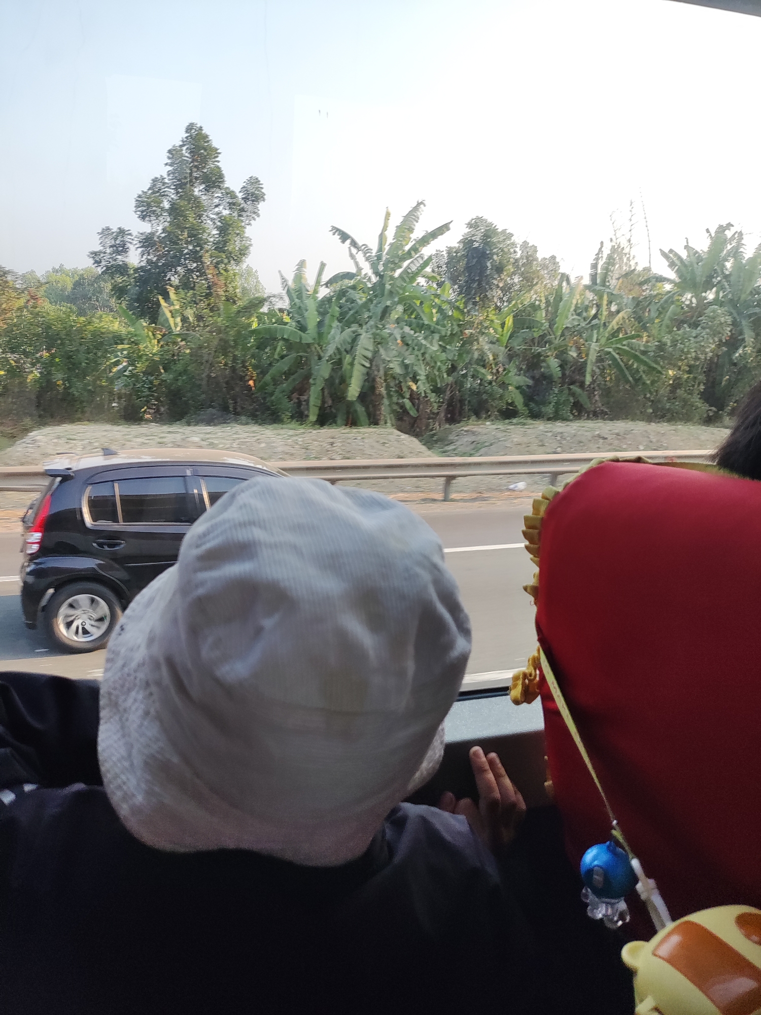 The image captures a scene from inside a vehicle, likely a bus or car, looking out a window. In the foreground, the back of a person wearing a light-colored bucket hat and a dark shirt is visible, their head and shoulders occupying the left and bottom portions of the frame. To the right, a bright red, cushioned seat with a yellow trim is visible, along with a hanging blue ornament and a portion of a yellow toy with orange stripes.
Outside the vehicle, a black hatchback car is seen driving on a road. Beyond the road, lush green foliage with banana trees and other vegetation creates a dense backdrop. A metal guardrail separates the road from the vegetation. The sky is clear and bright, suggesting daytime. The overall environment appears to be a rural or semi-rural area, consistent with the location of Pasirtanjung, Indonesia, which is known for its natural landscapes and agricultural areas.