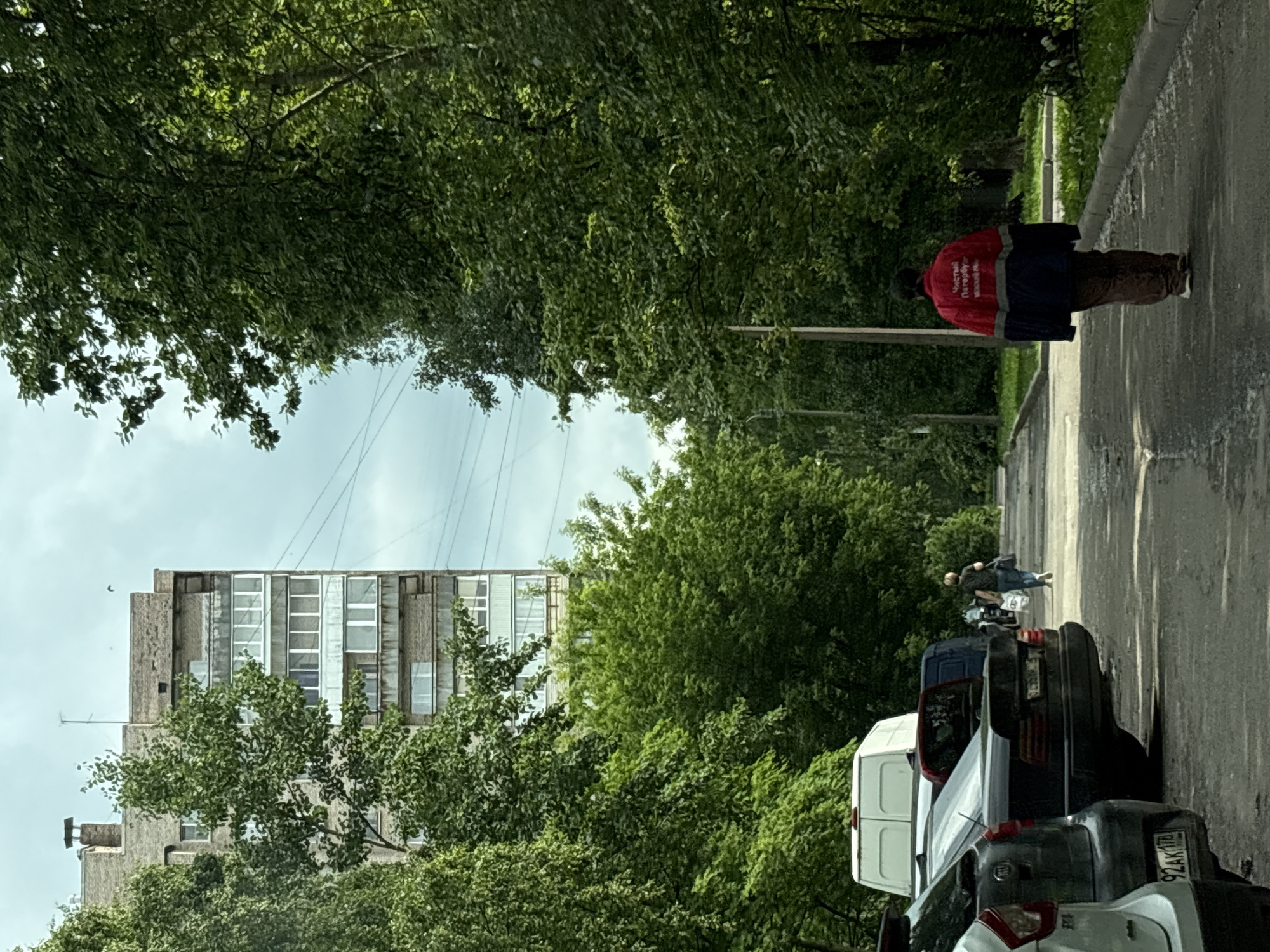The image depicts an outdoor scene on a cloudy day, possibly in a residential area of Saint Petersburg, Russia. In the foreground, several parked cars are visible on the left side of a paved road. Beyond the cars, a woman walks away from the camera, carrying shopping bags, on the right side of the road. Further down the road, a person wearing a red and blue jacket walks away from the camera. On the right side of the road, a line of trees forms a dense green border. In the background, a tall, multi-story apartment building with a grey facade and numerous windows is visible, surrounded by more trees. Power lines are strung across the sky above the buildings and trees. The overall impression is of a somewhat overcast day in a typical urban residential setting with abundant greenery.