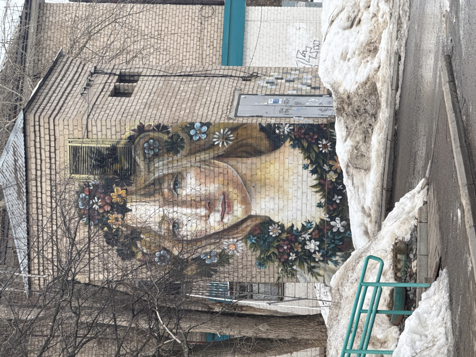 The scene depicts a large-scale mural on a light-colored brick building in Chaikovsky, Russia. The mural features a young woman with long, light-colored hair, blue eyes, and light skin, adorned with a floral wreath on her head and a garland of colorful flowers and green foliage around her shoulders. The artwork covers a significant portion of the building's facade and exhibits visible cracks, particularly across the woman's face.
The building itself is constructed of light-colored bricks, with a grey corrugated metal roof visible at the top. A rectangular window or vent with horizontal slats is situated above the mural's upper left section. To the right of the mural, a grey metal door with visible graffiti and stickers is recessed into the brick wall. Further right, a segment of a white brick wall displays faint graffiti, and a small, turquoise-colored structure is partially visible beyond it.
In the foreground, an asphalt surface, likely a road or pathway, is present, bordered by a concrete curb. Significant accumulations of dirty, melting snow mixed with brown earth and debris line the paved area and accumulate against the building. To the left, several bare deciduous trees with dark trunks and branches partially obscure the mural. A green metal handrail is visible in the lower-left foreground, partially covered by a snowdrift. No individuals are present, and no actions or interactions are depicted. The environment suggests a late winter or early spring season due to the snow and bare trees.