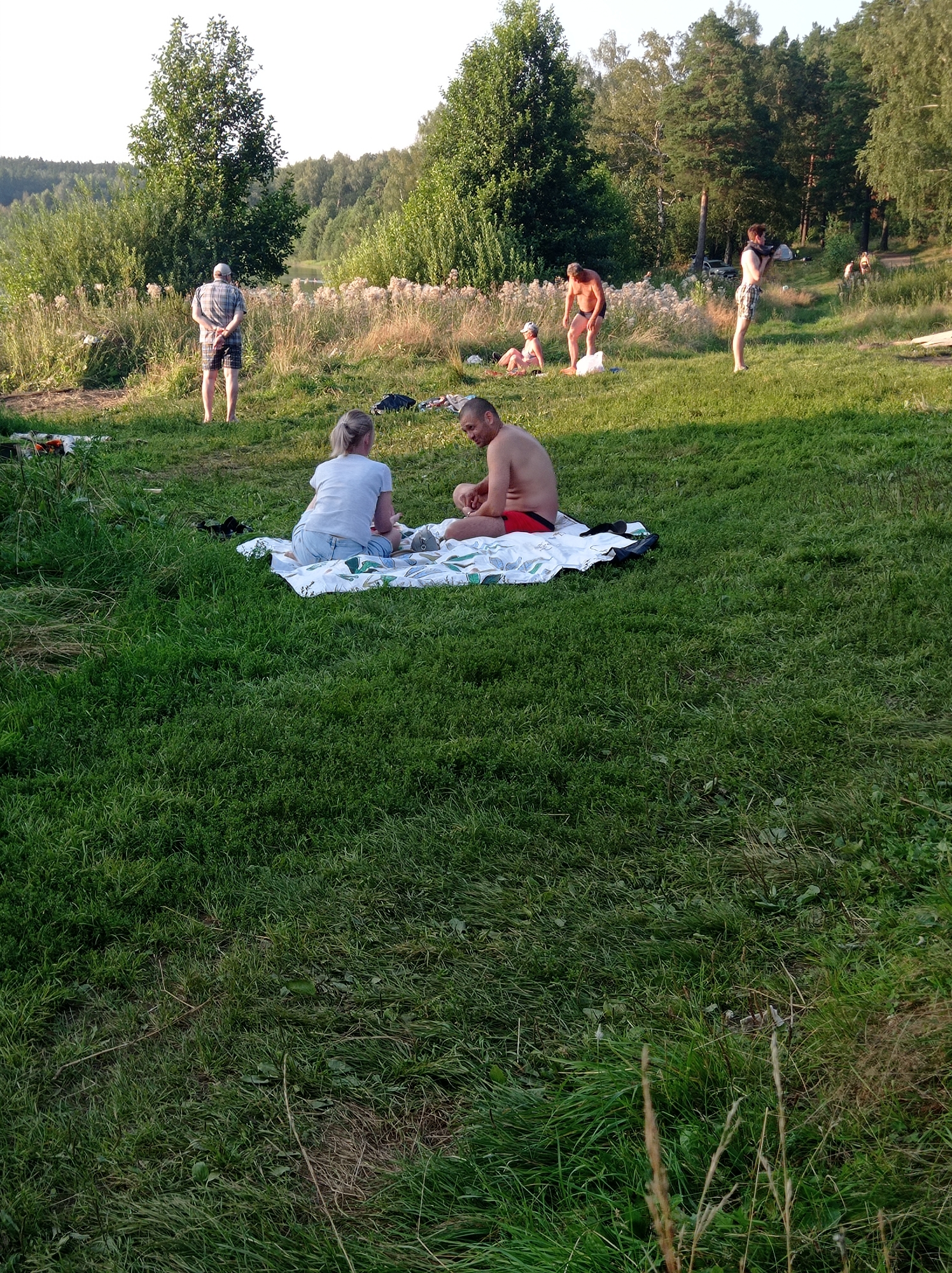 The image depicts an outdoor scene on a grassy area with trees and vegetation in the background, likely near a body of water. In the foreground, a couple is seated on a blanket on the grass. The male is shirtless and wearing red shorts, while the female is wearing a white t-shirt and blue shorts. They appear to be interacting with a baby lying between them on the blanket.
Further in the background, several other individuals are visible. A man in a plaid shirt and shorts stands with his hands behind his back, facing away from the camera. Another man is standing shirtless in black swim trunks. A person is seated in the grass, and another is standing further in the background near some trees. The environment suggests a recreational setting, possibly a park or a lakeside area. The time of day appears to be late afternoon or early evening, given the lighting. The overall impression is a casual gathering outdoors.