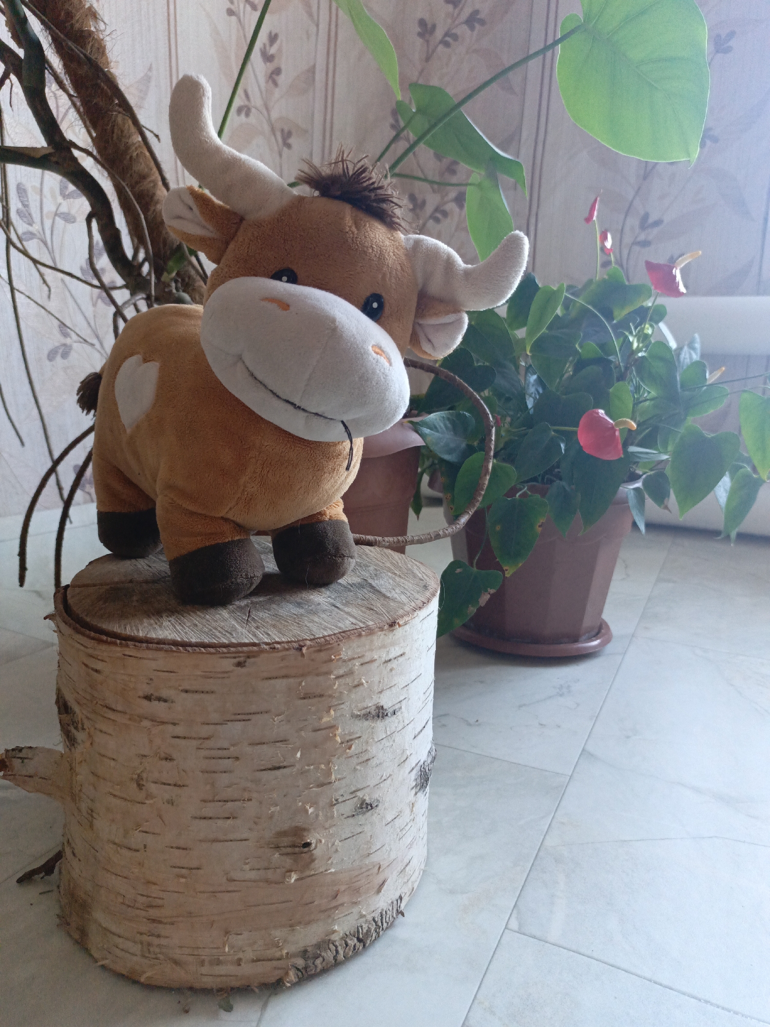 A stuffed bull toy sits atop a birch log in an indoor setting. The bull is brown with a white heart patch, white horns, and dark brown hooves. Behind the log and bull are potted plants, including an anthurium with red flowers. The wallpaper features a subtle leaf pattern. The floor is tiled with light-colored squares. The location is in the city of Большой Букор, Russia.