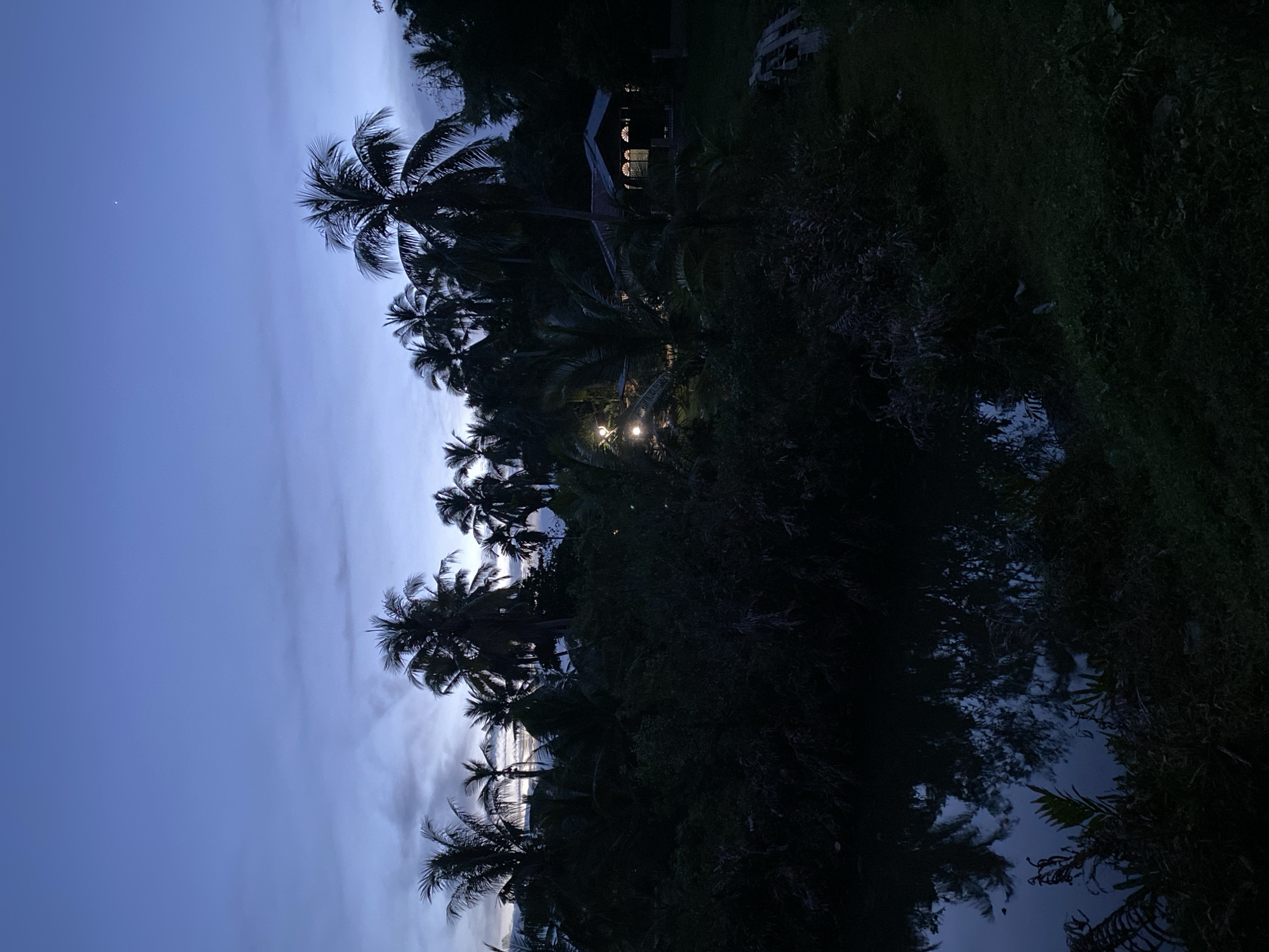 The image depicts a twilight scene in Keudeublang, Indonesia. The sky is a gradient of blue and gray, with palm trees silhouetted against it. To the right, dense foliage and what appears to be a body of water are visible. A building with illuminated windows is partially obscured by the trees. No people are visible.