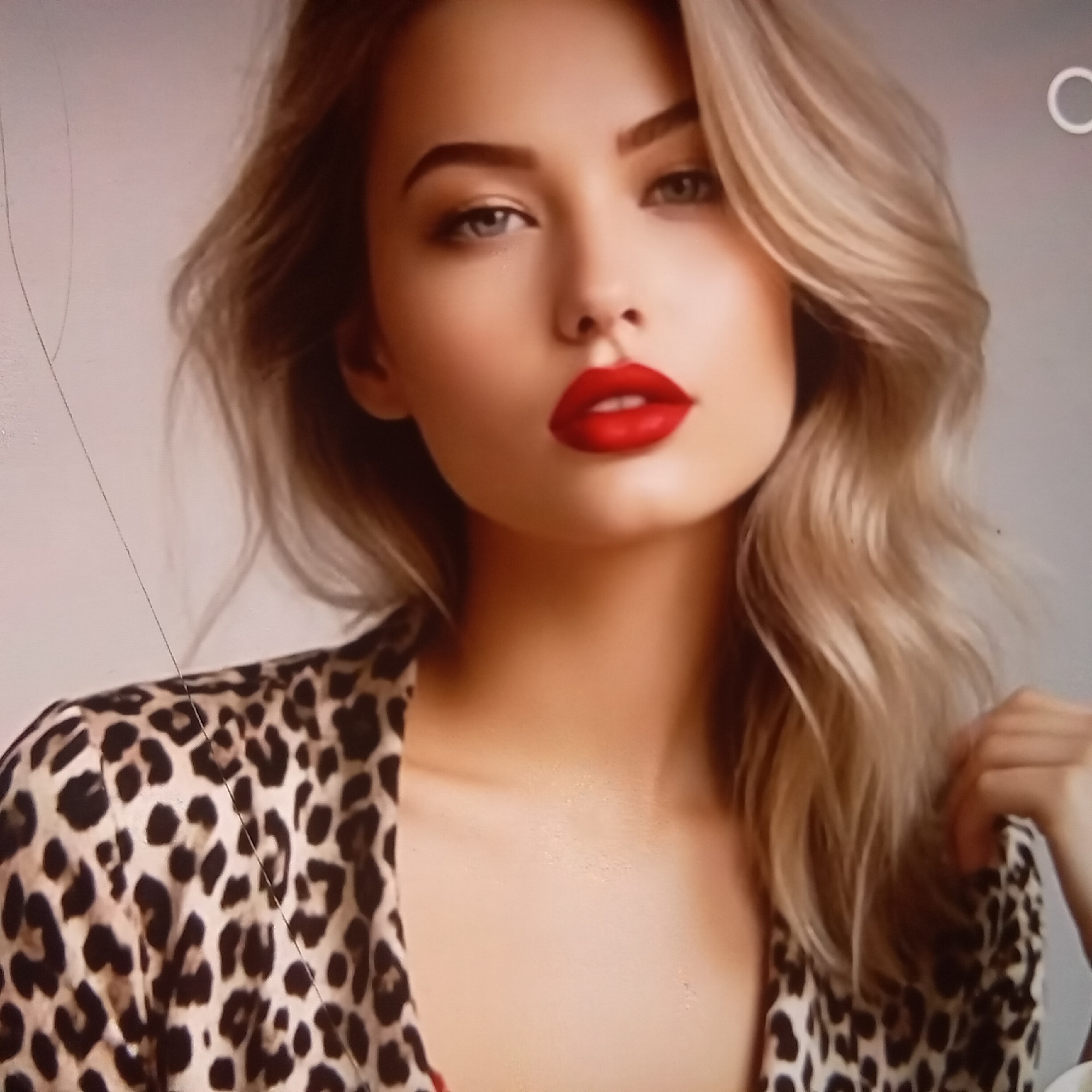 This is a media file featuring a close-up portrait of a young woman. The woman has blonde, wavy hair, fair skin, and blue-grey eyes. She is wearing bright red lipstick and a leopard-print top. Her expression is alluring, with a slight head tilt and a direct gaze towards the viewer. The background is a neutral, light-colored wall, suggesting a studio setting. There are subtle scratches on the surface of the media, possibly from damage to the original print or display. No text is visible in the image. The overall mood is one of glamour and fashion.