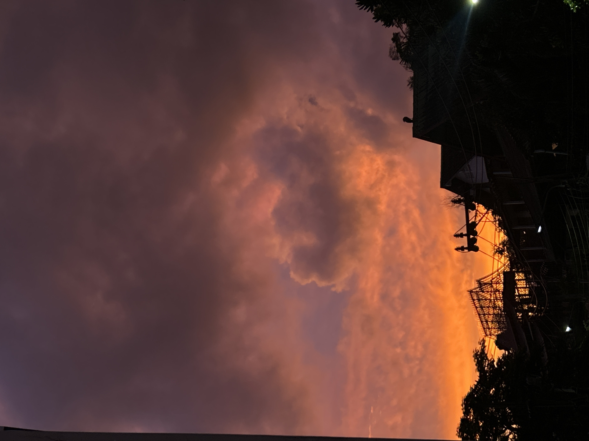 A dramatic sunset paints the sky in vibrant hues of orange and purple over Kathu, Thailand. Silhouetted against the colorful sky are the dark shapes of buildings, trees, and utility poles. A bird perched atop a rooftop adds a touch of life to the otherwise static scene. The foreground is dominated by the dark silhouettes of vegetation and urban structures, with the fiery sky filling the upper half of the frame. The overall impression is one of natural beauty juxtaposed with the man-made environment.