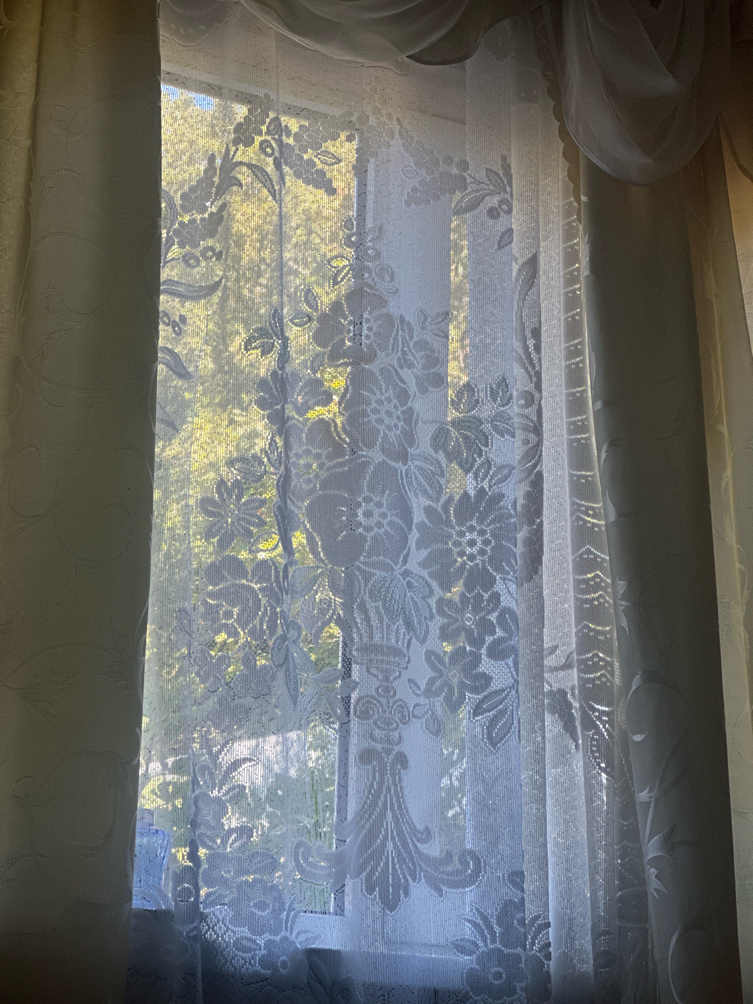 The image shows a window covered by sheer white curtains with a floral pattern. The curtains are illuminated by natural light, which filters through from the outside, creating a soft, dappled effect. Through the translucent fabric, the faint outlines of trees and foliage can be seen, suggesting an outdoor environment. The scene appears to be set in a domestic interior, possibly a bedroom or living room. There is no information to indicate the location in Lermontovo, Russia.