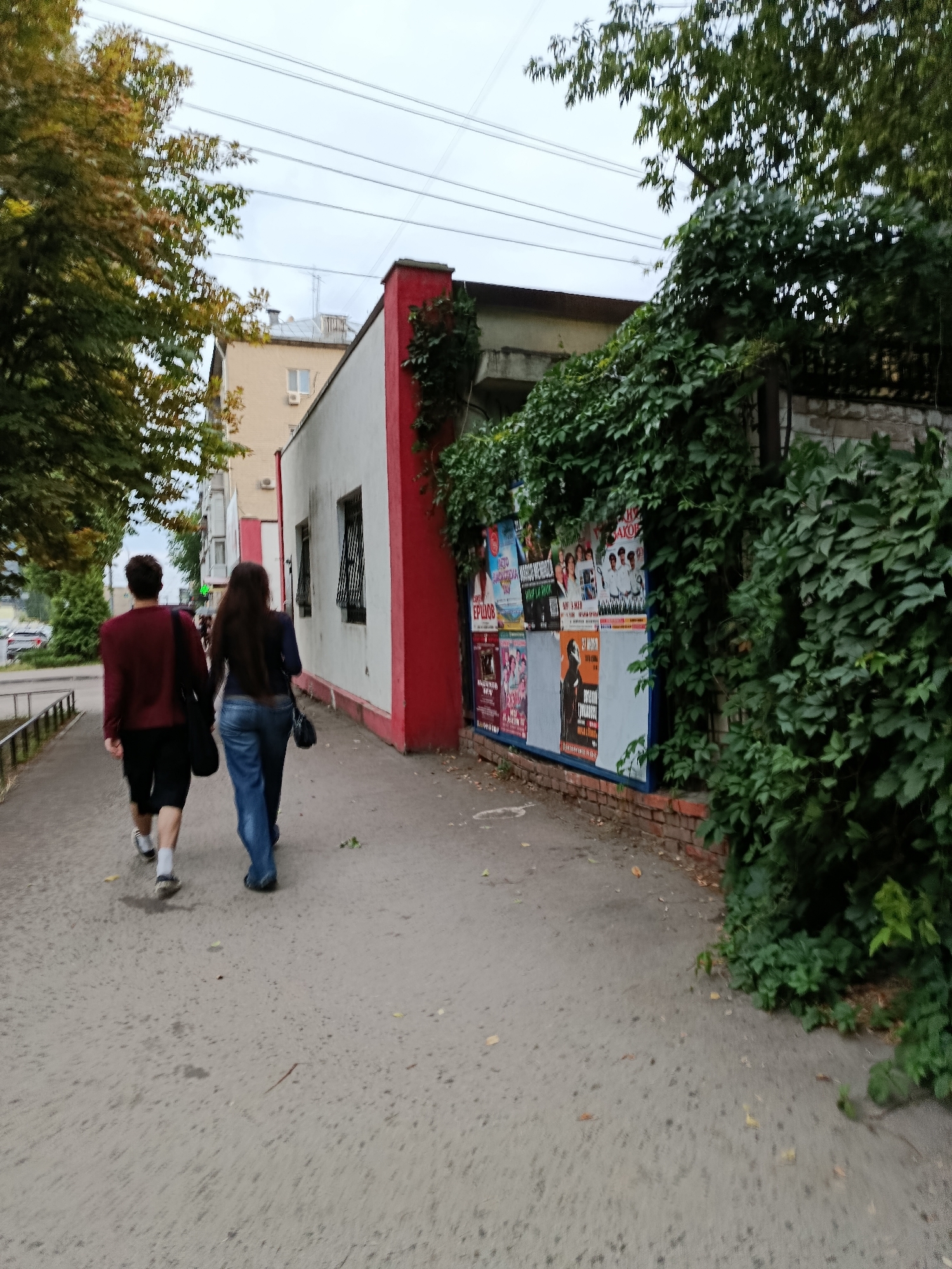 The image depicts a street scene in Saratov, Russia, with two individuals walking away from the camera down a paved sidewalk. The person on the left is wearing a maroon sweatshirt and black shorts, while the person on the right is wearing a dark blue long-sleeved shirt and blue jeans. Adjacent to the sidewalk is a building with white walls and red trim, featuring barred windows. A brick wall covered in lush green ivy runs along the side of the building, with numerous posters of varying sizes affixed to it. The street appears to be a normal urban environment with trees and a cloudy sky.