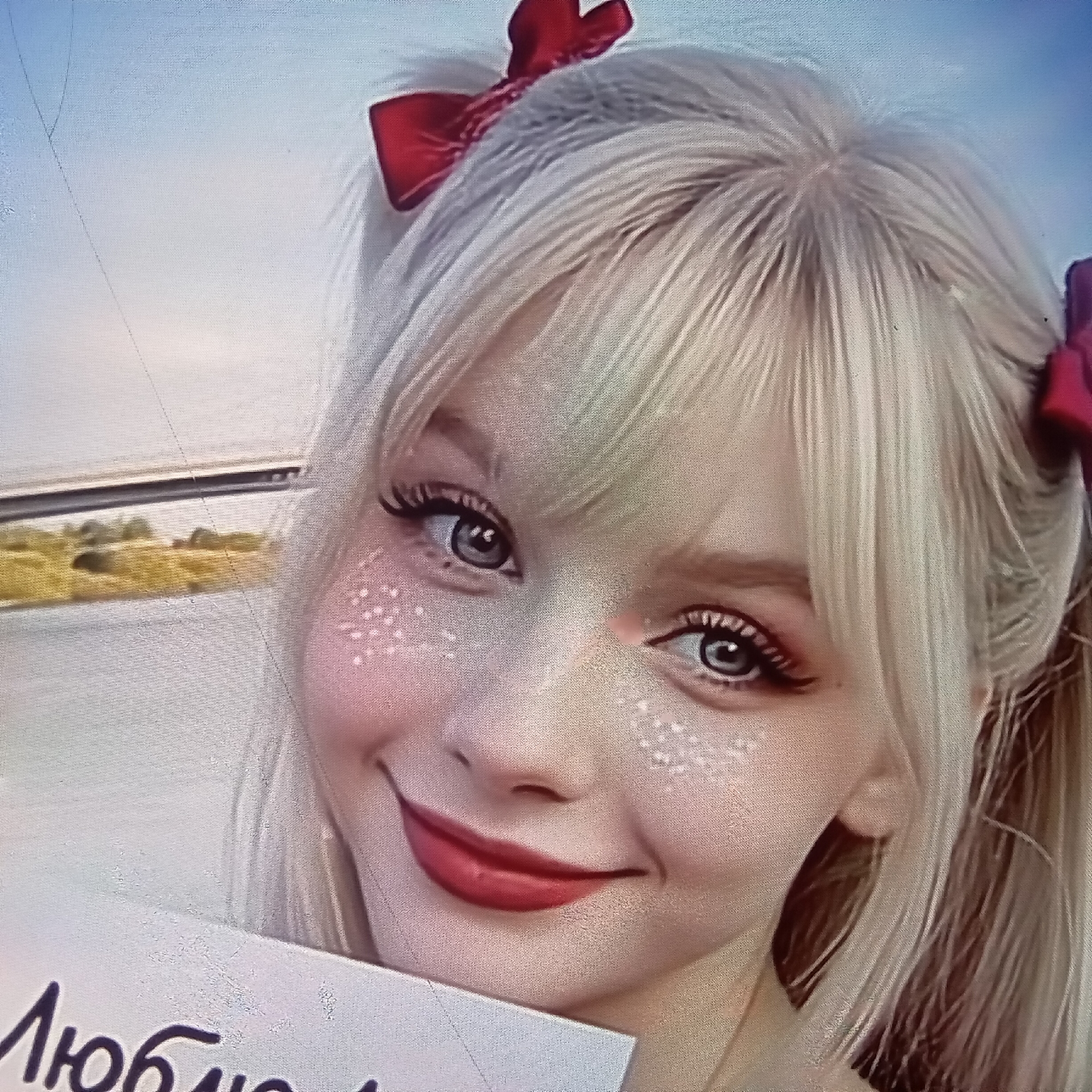 A close-up, eye-level portrait shows a young woman with blonde hair styled in pigtails, adorned with red bows. She has large, blue eyes with dramatic eyelashes and a light dusting of white "freckles" across her cheeks and nose. Her lips are painted red. She is holding a white object with dark lettering that appears to be in Cyrillic script. The background is blurred, showing a light blue sky and a suggestion of a road or pathway with yellowish-green foliage. There is no identifiable location in Almaty, Kazakhstan.
