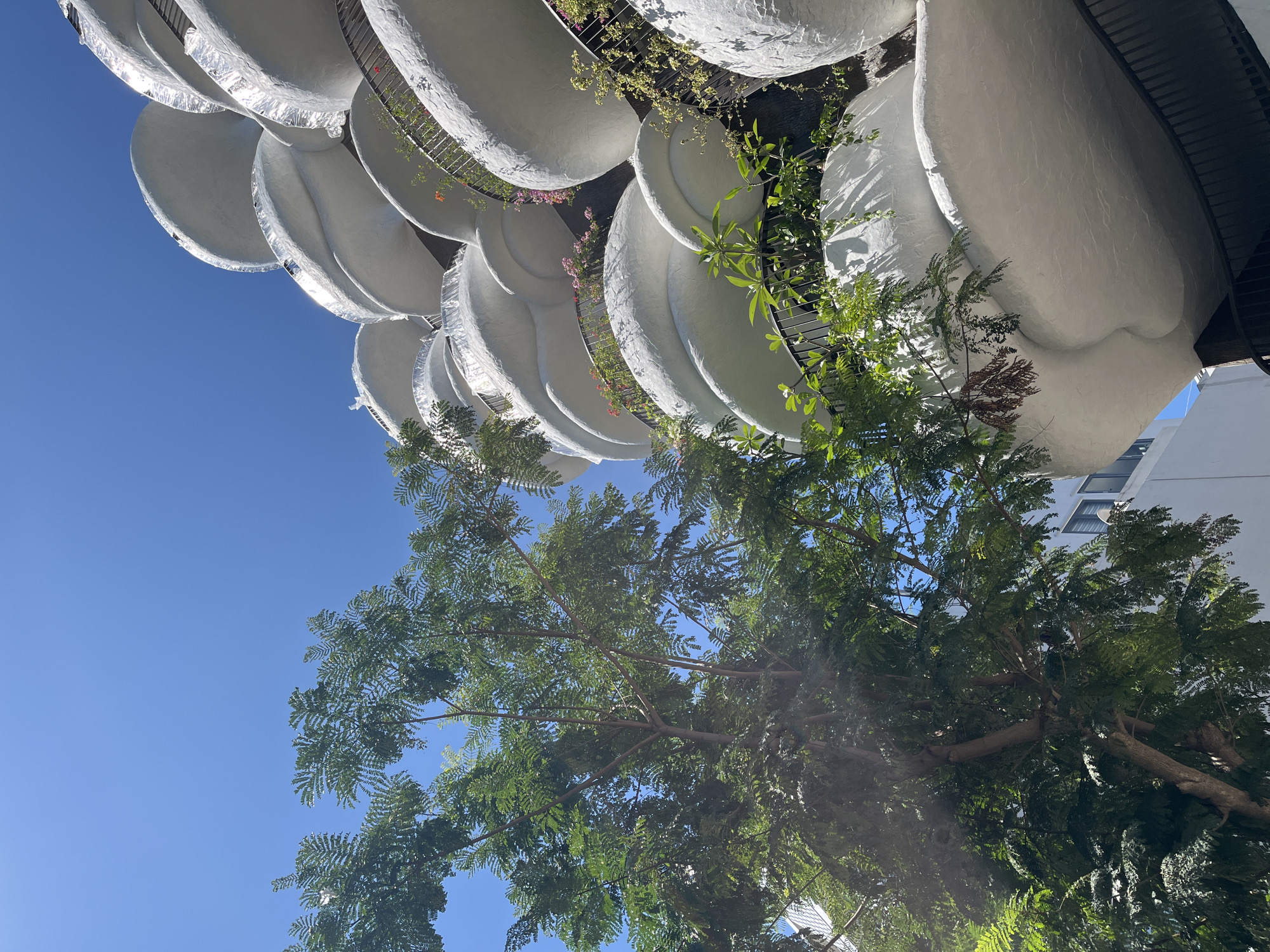 The image shows a view looking upward at a building with unique, rounded, white balconies that resemble stacked flower petals. The building is located in Đà Nẵng, Vietnam. A tree with dense green foliage fills the lower portion of the frame, partially obscuring the building's lower levels. The sky is a clear, bright blue. The balconies have metal railings and some contain plants. The architectural style is modern and distinctive.