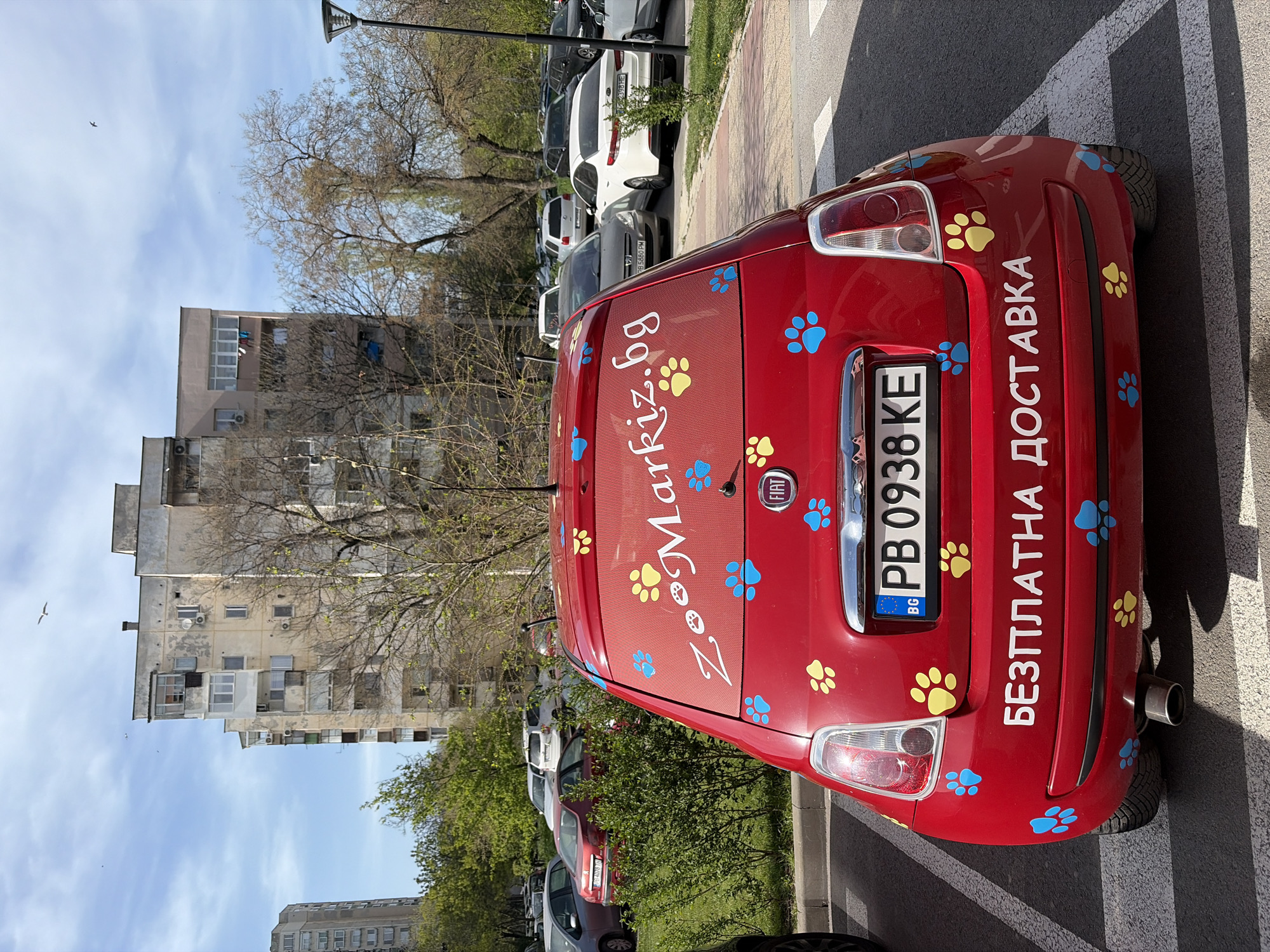A red Fiat 500 car is the primary subject, seen from the rear, parked on an asphalt surface. The car is extensively decorated with blue and yellow paw print decals of various sizes. White text is displayed on the rear window and tailgate. On the rear window, "ZooMarkiz.bg" is written, suggesting a pet-related business. On the tailgate, the Cyrillic text "БЕЗПЛАТНА ДОСТАВКА" is visible, translating to "FREE DELIVERY". The car's license plate, "PB 0938 KE", is clearly visible, identifying Plovdiv, Bulgaria, as its origin. A Fiat emblem is centered on the tailgate.
The car is parked in an urban residential area. In the background, several multi-story apartment buildings with balconies and air conditioning units are visible, characteristic of Bulgarian architecture. Many other cars are parked along the street and in designated parking spaces. Bare trees and some with nascent green leaves line the surroundings, indicating early spring. The sky is bright blue with scattered white clouds, suggesting a clear daytime, likely morning or afternoon. Two birds are faintly visible flying in the distant sky. The overall impression is a bustling yet quiet street scene in a Bulgarian city. No people are visible.