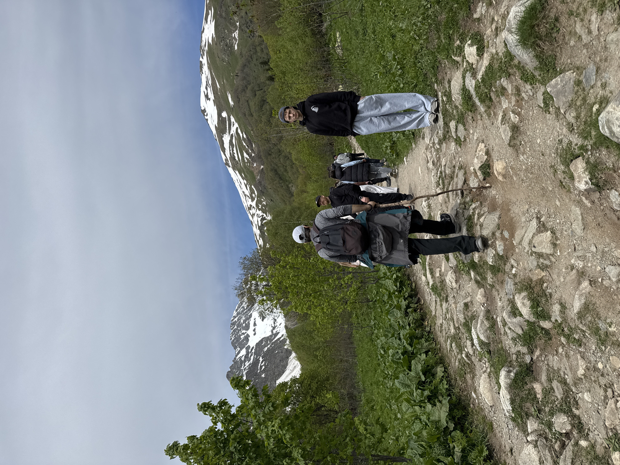 A group of approximately ten individuals is depicted hiking on a rocky, unpaved path through a mountainous environment in Верхне-Тебердинское сельское поселение, Russia. The path, characterized by loose and embedded stones of various sizes, is bordered by lush green vegetation, including large-leafed plants and numerous deciduous trees with vibrant green foliage. In the background, two snow-capped mountains rise; the left peak is heavily covered in snow and rock, while the right peak shows snow patches contrasting with green slopes. The sky is largely overcast with light gray clouds, with hints of blue visible.
In the foreground, a person is seen from behind, wearing a white baseball cap, a gray long-sleeved top, a dark backpack, and black trousers, holding a wooden stick in their right hand for support. To their right, a young man stands facing the camera, wearing a black hooded sweatshirt with a white graphic, light gray baggy sweatpants, and light gray sneakers. He has a faint mustache and beard, a dark cap, and his hands are placed in his pockets. Further along the path, additional members of the group are visible walking, including a man with a dark beard and a black cap, and another individual wearing a light blue puffer jacket. The overall scene suggests a daytime outdoor activity, likely hiking, in a natural setting during a season with melting snow.