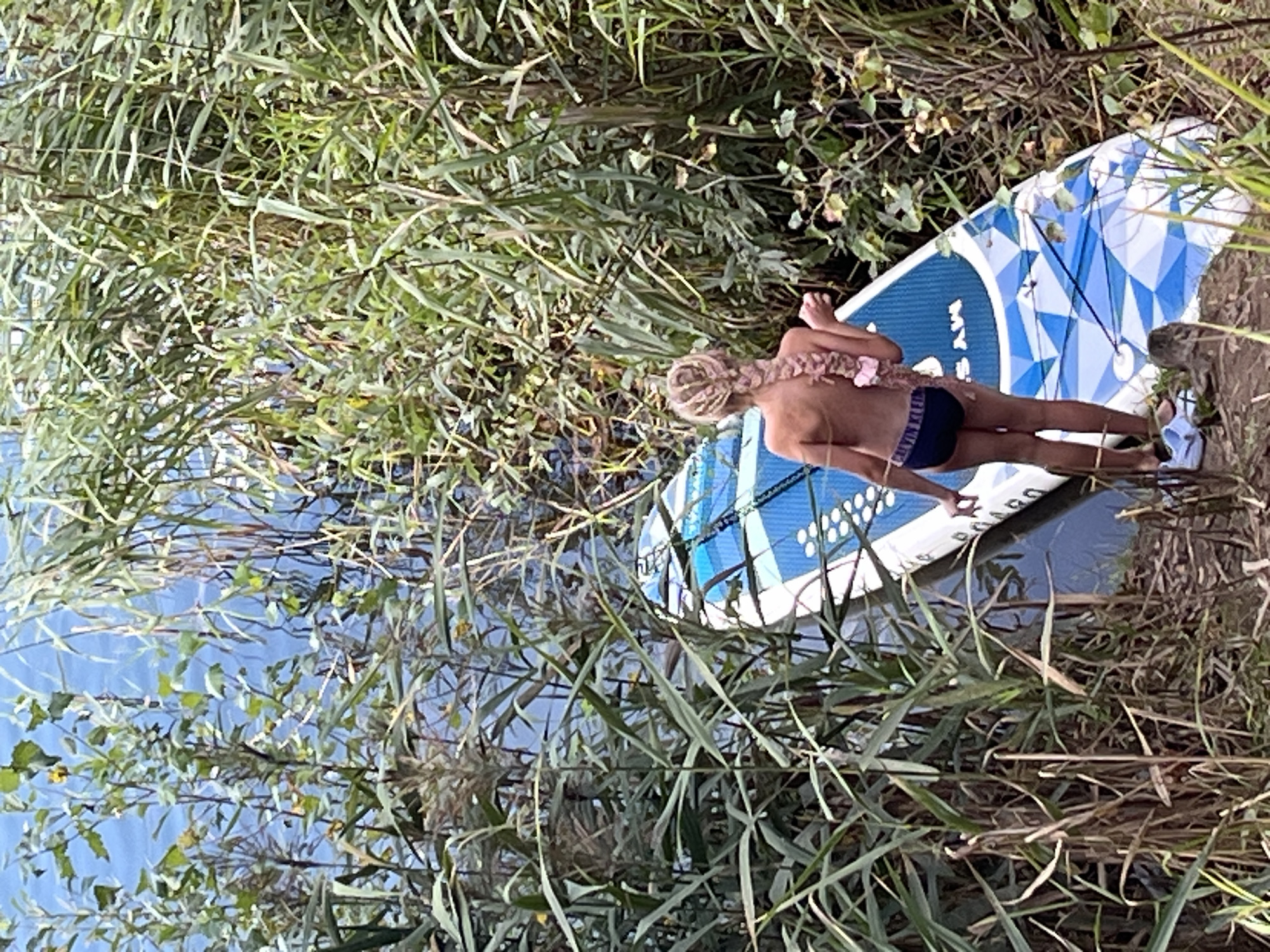 The image shows a young person with braided blonde hair, wearing a dark swimsuit, standing on the edge of a blue and white paddleboard. The paddleboard is partially in the water and partially on a muddy bank covered in dry reeds and green plants. The person is facing away from the camera, looking towards the water, with their left hand resting on the paddleboard. They appear to be preparing to enter the water or disembark. The scene is set in a natural environment with dense vegetation surrounding the water's edge. The water is calm and reflects the blue sky. The time of day appears to be daytime, with bright natural light. There is no visible text in the image. The overall mood is serene and suggests a moment of outdoor recreation.