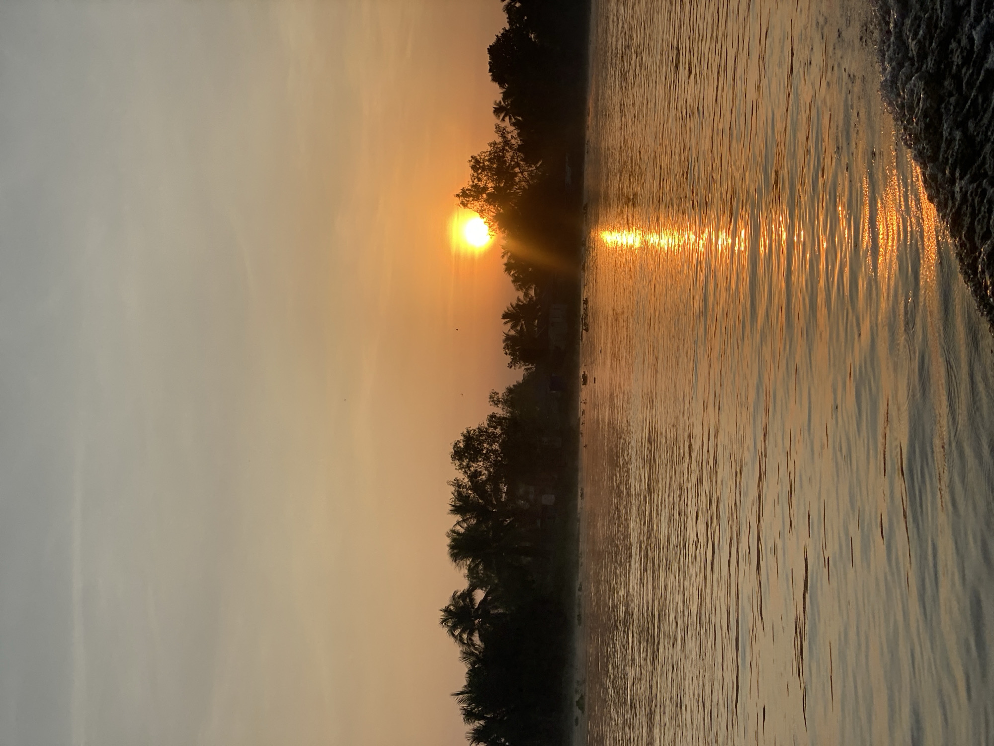 This is a wide-angle, eye-level shot of a sunrise over the Sungai Tandipah river in Indonesia. The sun is a bright, glowing orb just above the horizon, casting a golden light across the scene and creating a shimmering reflection on the water. A dense line of silhouetted trees, including palm trees, forms the backdrop along the riverbank. A thin layer of mist hovers just above the water's surface, adding to the serene atmosphere. The water itself is calm, with gentle ripples and a white foam wake visible in the lower right corner, suggesting movement, possibly from a boat. The sky is a gradient of soft orange and pale gray, with a few faint clouds. The image captures a tranquil natural landscape at the start of a new day.