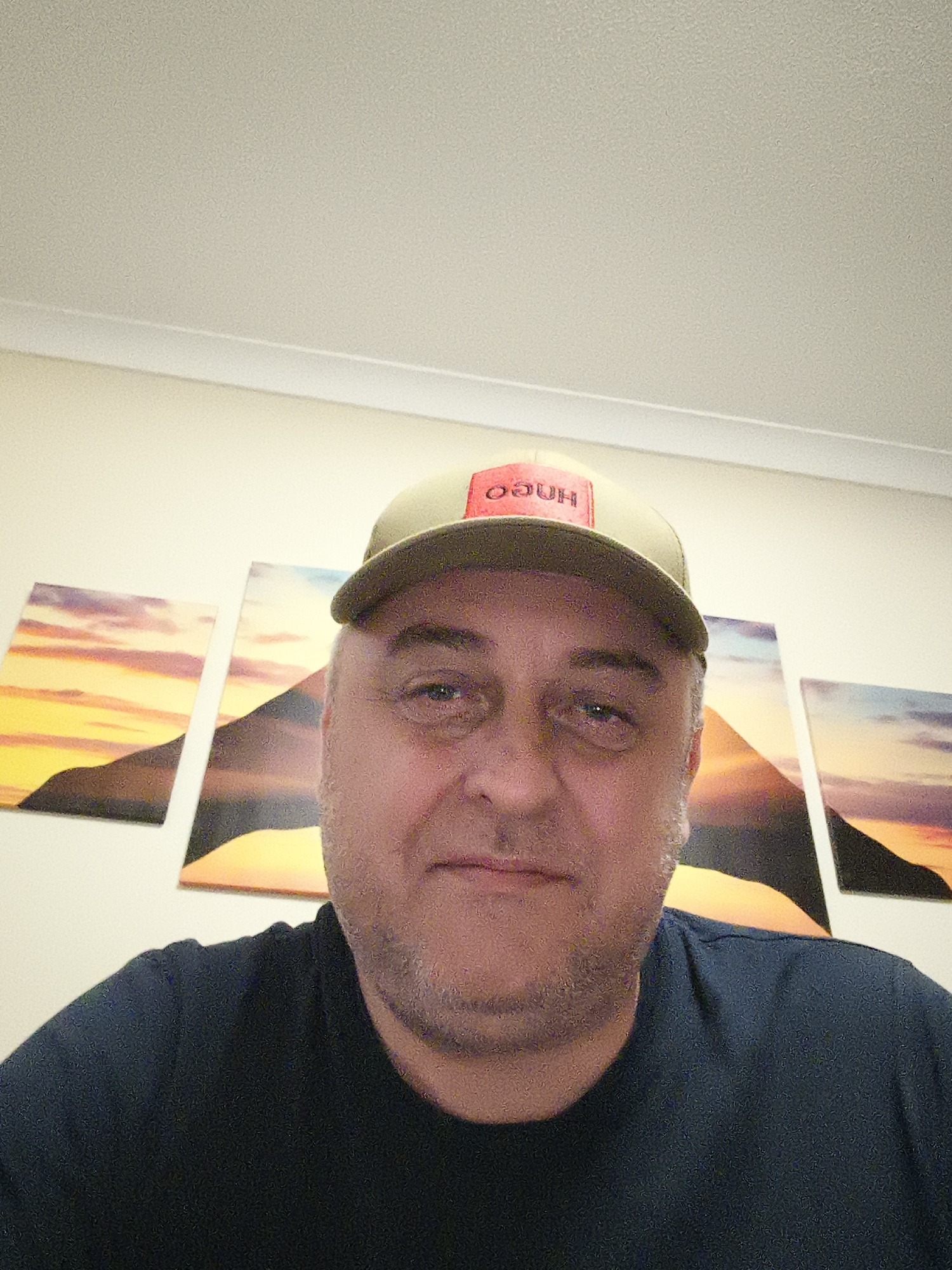 A middle-aged man is captured in a headshot, likely a selfie, taken indoors in Huntingdonshire, United Kingdom. He has fair skin and a short, greyish stubble. He is wearing a khaki or olive green baseball cap featuring a red patch on the front, where the word "OGUH" is visibly printed in white, appearing reversed due to the selfie shot (original text would be "HUGO"). He also wears a plain dark blue or black t-shirt. The man looks directly at the camera with a neutral to slightly smiling expression.
The background reveals a light-colored, possibly beige or cream, wall with a white ceiling and a simple cornice visible at the top. Hung on the wall behind the man are at least four panels of wall art. These panels collectively depict a picturesque landscape featuring mountains or large hills silhouetted against a dramatic sky filled with warm hues of orange, pink, and purple, suggesting either a sunrise or sunset. The lighting is diffused, indicating an indoor setting. The image displays a slightly grainy texture.