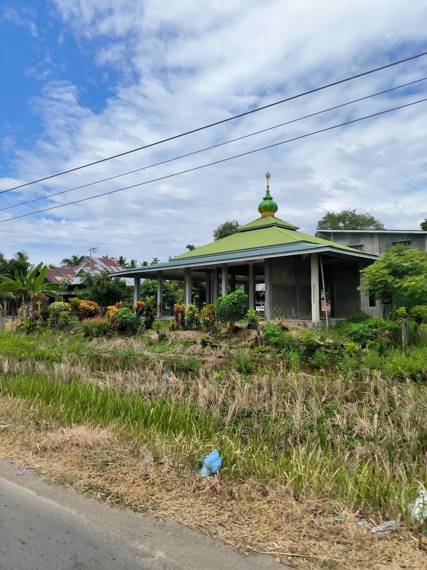 A daytime wide shot captures a semi-rural landscape under a partly cloudy sky with patches of bright blue. Overhead, three black power lines stretch horizontally across the frame.
The central subject is a concrete building, likely a mosque or prayer house, featuring a distinct green corrugated metal roof. A smaller, green dome with a golden finial, shaped as a crescent moon and star, adorns the roof. The building appears to be under construction or renovation, with exposed concrete pillars supporting the roof and some unfinished concrete walls.
In front of the building, a vibrant garden thrives with diverse tropical plants and lush green foliage, including broad-leafed plants and banana trees. Beyond this, to the left, older residential houses with corrugated metal roofs are visible, one featuring a small solar panel.
The foreground consists of a paved road or shoulder on the left. Adjacent to the road is a strip of dry, light-brown grass, which then transitions into a more dense area of tall green and dry reeds, indicating a ditch or waterlogged area separating the road from the main building and garden. Some scattered litter, including a blue plastic bag, is visible near the road's edge.
The overall scene suggests a peaceful, tropical environment. No people or visible text are present.
