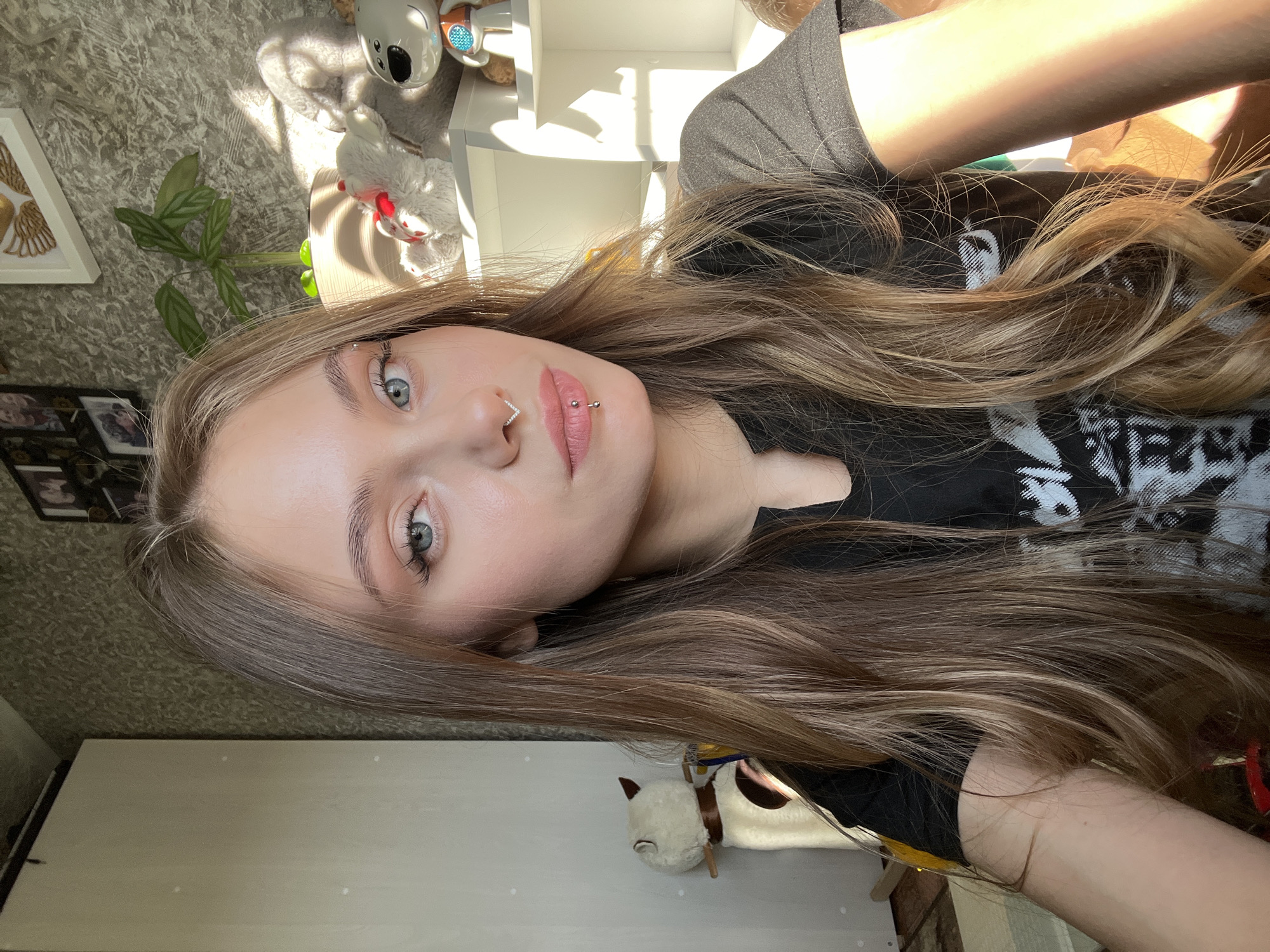 A fair-skinned person with long, brown hair is looking at the camera. The person has light blue eyes, pierced eyebrows, a septum piercing, and a labret piercing. They are wearing a black t-shirt.
In the background, there is a white shelf with several stuffed animals, a plant, and a framed picture. The wallpaper behind the shelf is gray and textured. A white door is visible in the lower left corner.
The location is not identifiable as Фоки, Russia.