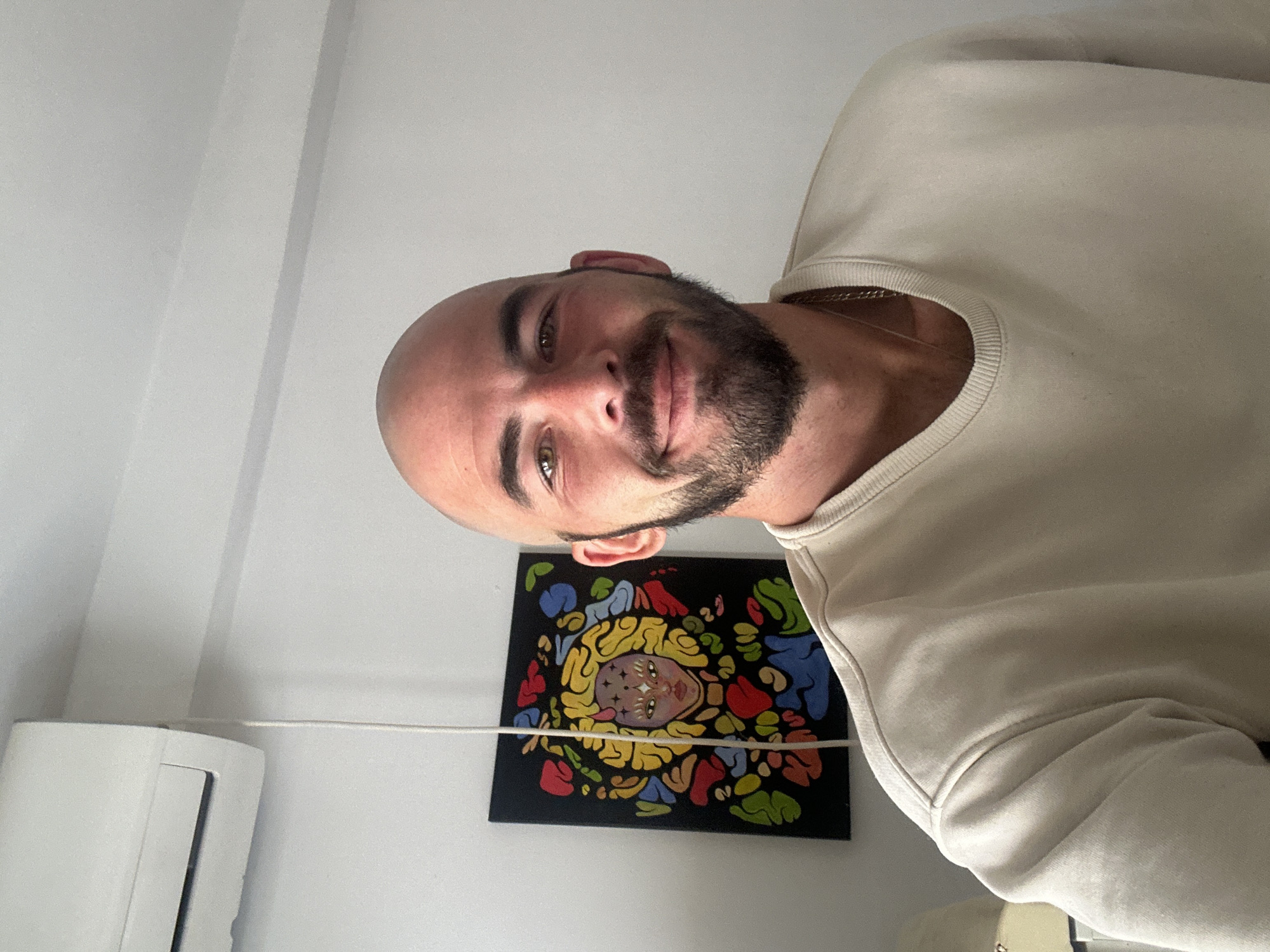 A medium shot captures a man indoors. He has a shaved head and a dark beard, and is wearing a beige sweater. He is looking directly at the camera with a slight smile. A framed piece of artwork featuring a face surrounded by colorful abstract shapes hangs on the wall behind him. An air conditioning unit is visible in the lower-left corner of the frame. Given that it includes no elements that specify the location, it is impossible to confirm that the image comes from Budva, Montenegro.