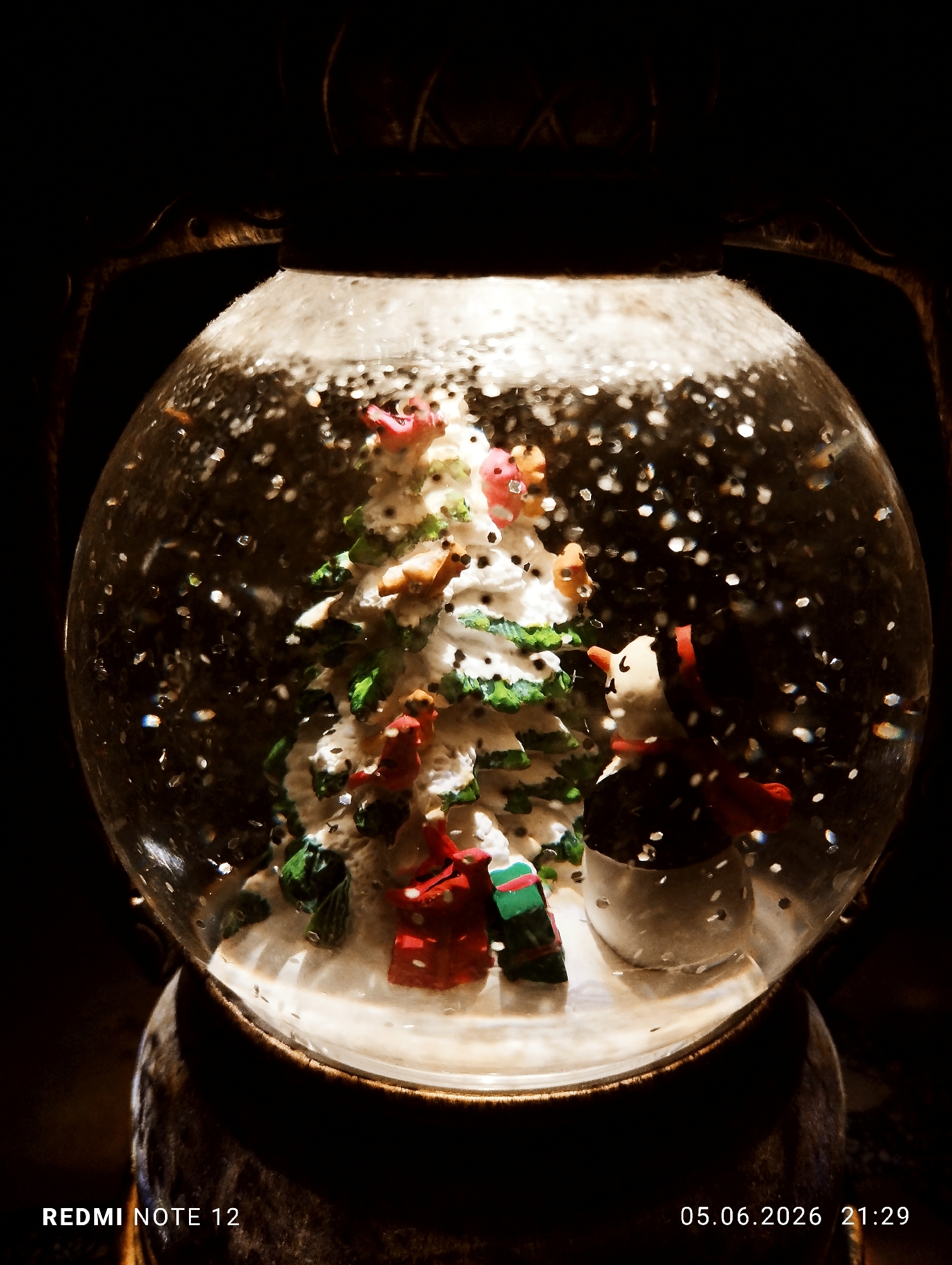 The image displays a close-up, front-facing view of a transparent glass snow globe containing a Christmas-themed miniature scene, reportedly located in the city of Burgas, Bulgaria. The snow globe is illuminated, standing out against a predominantly dark, blurred background with faint structural elements.
Inside the snow globe, a central white Christmas tree adorned with green accents and small, colorful decorative elements (red, orange, yellow) is prominent. To the right of the tree stands a snowman figure with a white body, a dark head/hat, and a red scarf. At the base of the tree, to the left, are two small figures, one predominantly red, alongside a green gift box. The ground inside the globe is white, simulating snow. Numerous small, reflective particles, resembling glitter or artificial snowflakes, are suspended throughout the globe, catching the light.
The glass sphere of the snow globe rests on a dark, textured base. Curved, dark, possibly metallic or ornate structural components are visible above and to the sides of the snow globe, suggesting it is part of a larger decorative fixture or lantern.
The bottom left corner of the image contains the text "REDMI NOTE 12," indicating the capture device. The bottom right corner displays a timestamp "05.06.2026 21:29." The overall lighting emphasizes the interior of the snow globe, with the surroundings remaining in deep shadow. No human subjects or discernible actions or interactions beyond the static arrangement within the snow globe are visible.