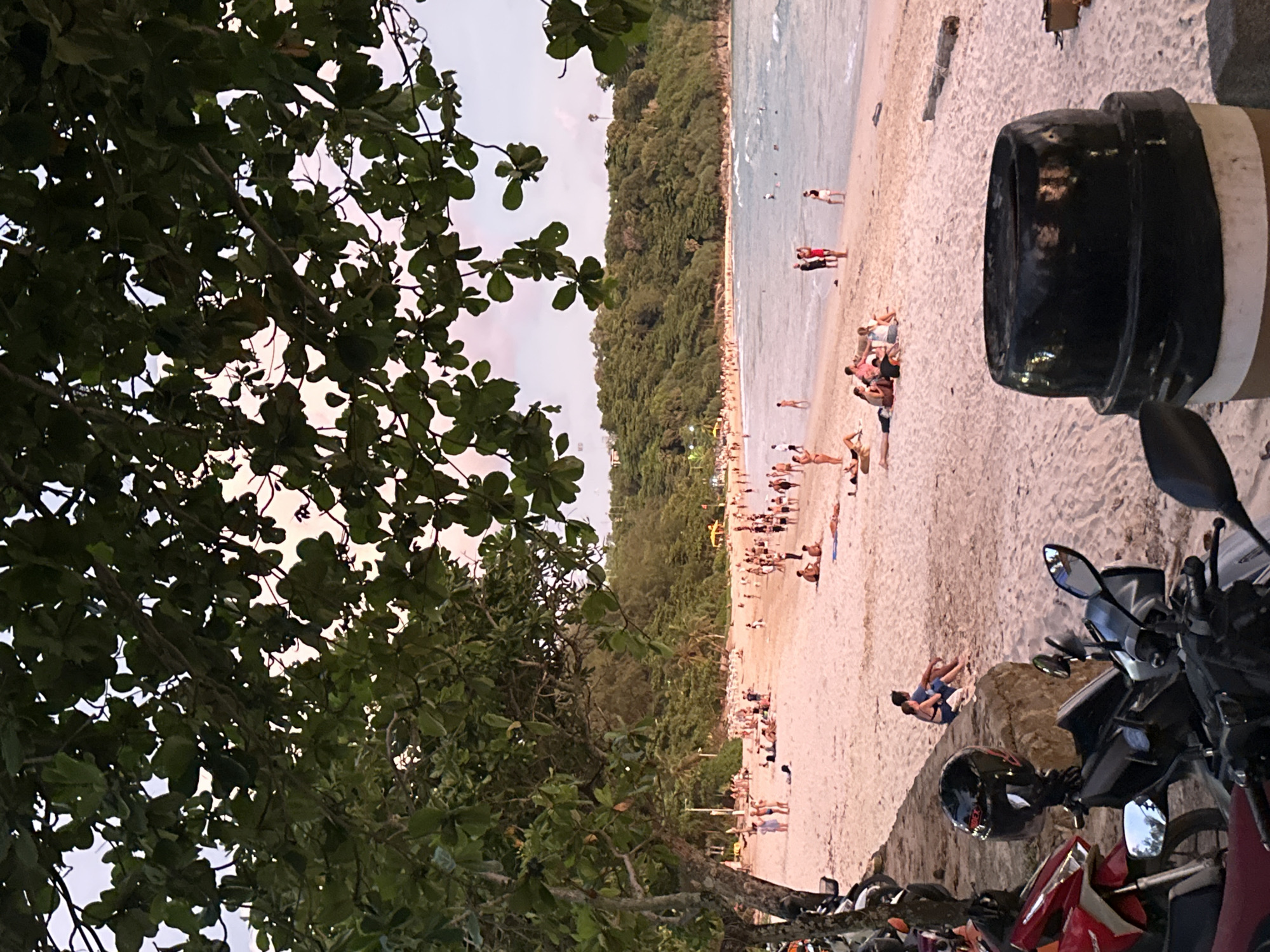 This image shows a crowded beach in Rawai, Thailand. The foreground is dominated by the branches of a large tree with green leaves, obscuring the view of the sky and framing the scene. In the lower left, several motorbikes are parked, including a red and white one and a black one with a helmet. Further back, a couple sits on a low stone wall facing the beach. The beach itself is filled with people walking, sitting, and sunbathing. The sand is light pink, and the ocean waves are gentle. In the background, a lush, green hillside rises from the coastline, dotted with trees. The sky above the water appears to be dusk, with soft pink and purple hues.