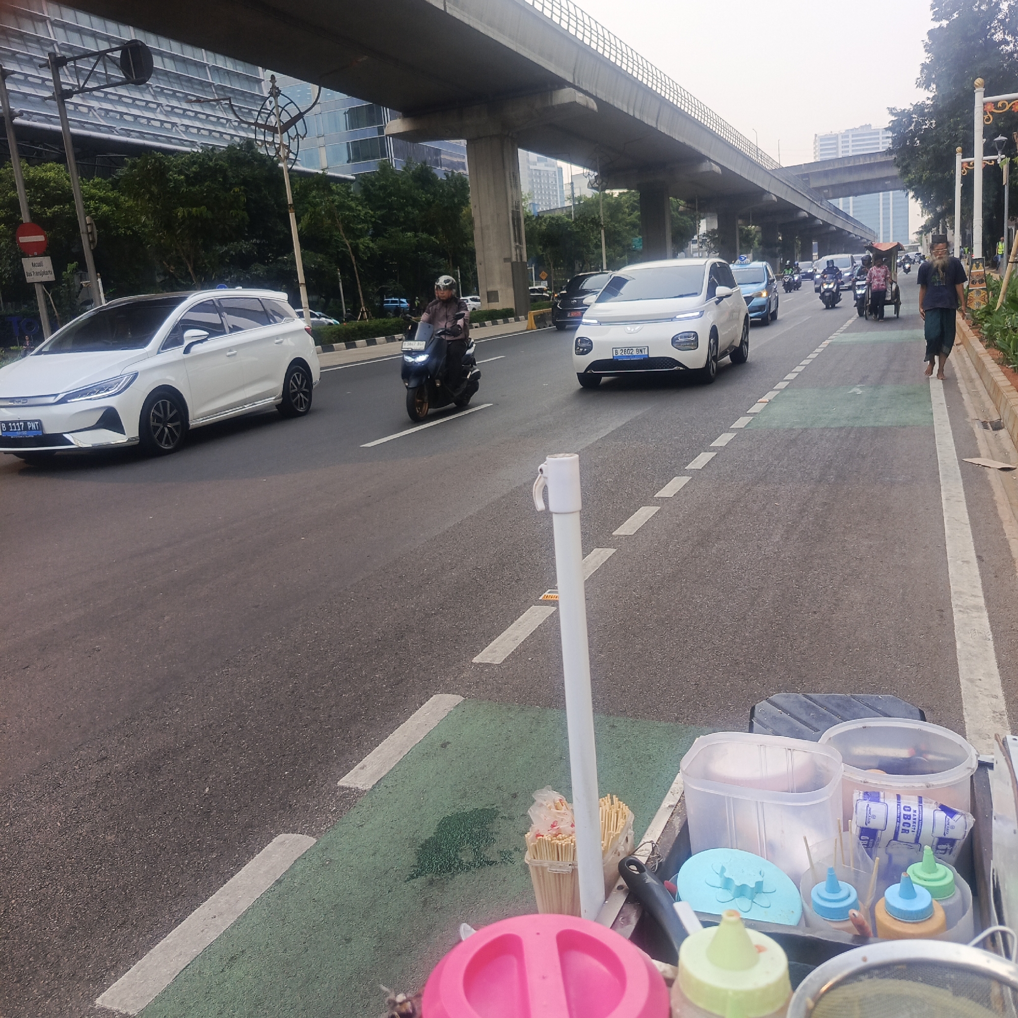 The image depicts a street scene in South Jakarta, Indonesia, likely near a major road with an elevated structure. In the foreground, a food cart is partially visible, containing various containers, bottles, and what appear to be skewers of food. A white pole stands next to the cart. The street itself has distinct lane markings and a green-painted section, possibly indicating a bicycle lane.
Several vehicles are on the road, including a white car with license plate B 1117 PNT in the left lane and another white car with license plate B 2602 BNT in the right lane. A person is riding a dark-colored motorcycle in the middle lane. Further down the road, other vehicles, including a blue car and more motorcycles, are visible, as are other pedestrians, including a man walking barefoot on the sidewalk.
The background shows a dense urban environment with modern buildings, some with reflective glass facades, and trees lining the side of the road. An elevated highway or railway structure dominates the upper portion of the image. The sky is overcast, suggesting a daytime scene. The overall impression is a busy city street with a mix of traffic and pedestrian activity.