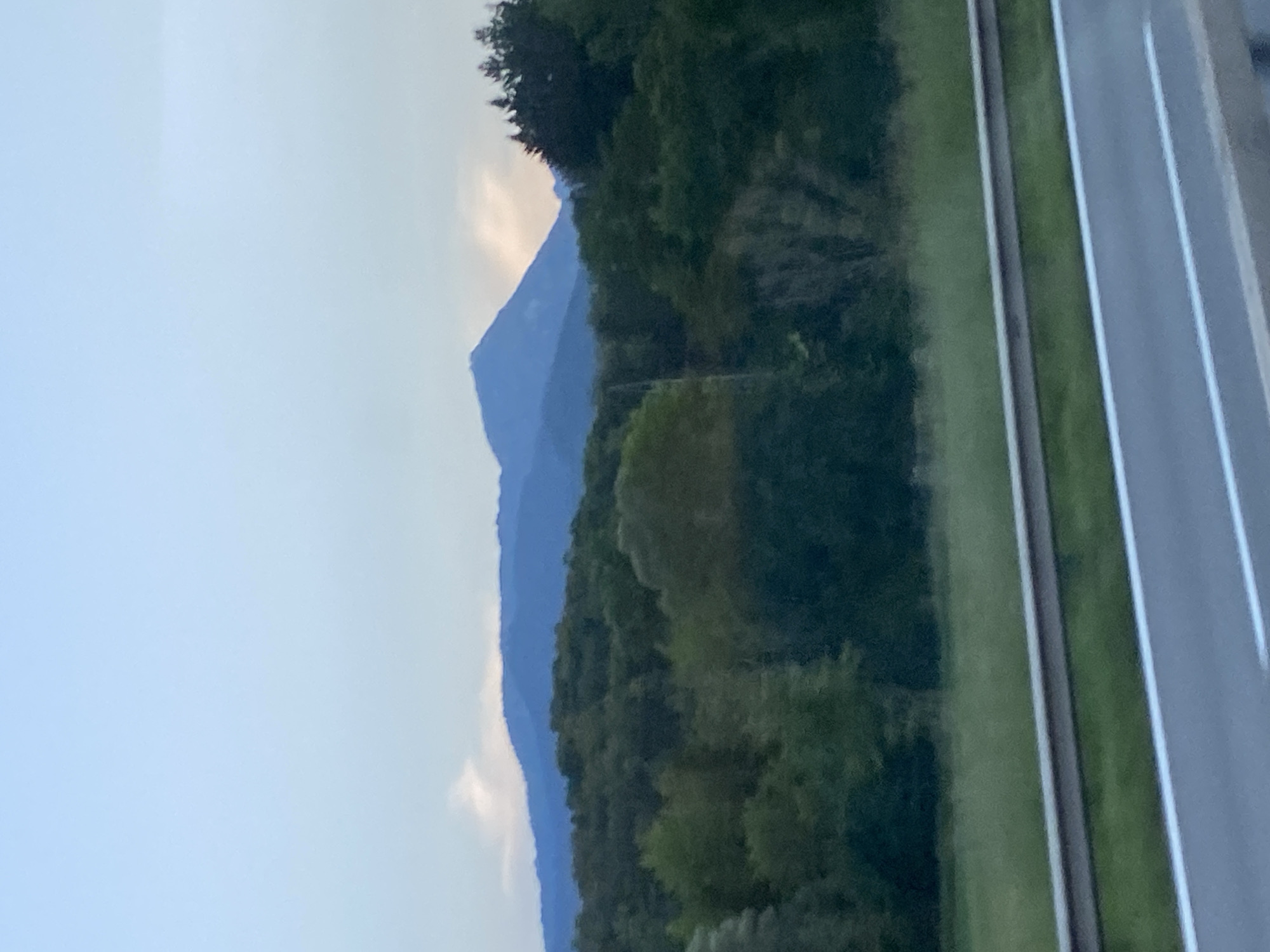 The image depicts a scenic view of mountains and trees, likely taken from a moving vehicle on a road. In the foreground, a paved road with white lane markings is visible, separated from a grassy area by a metal guardrail. Beyond the grass, a dense forest covers the landscape, with varying shades of green indicating different types of foliage. In the background, a series of blue-hued mountain ranges are silhouetted against a pale blue sky. The overall impression is one of natural beauty and tranquility. The location is the town of Siegsdorf, Germany.