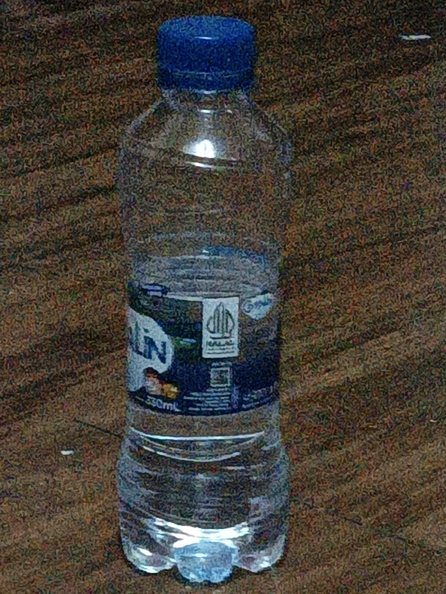 A clear plastic bottle of water with a blue cap is standing upright on a dark brown, textured surface that appears to be a floor. The bottle has a label with blue and white text. The text on the label is partially visible and includes the word "LIN" in large white letters, and below it, "330ml". There is also an emblem with Arabic script on the label. The image is grainy and exhibits digital noise, obscuring finer details of the background and the bottle's label. The lighting appears to be from above and slightly to the left, casting a subtle highlight on the bottle. The overall impression is that of a simple, everyday object placed on a domestic or urban floor surface. This scene is not specifically identifiable as being in West Jakarta, Indonesia, or any other specific city.