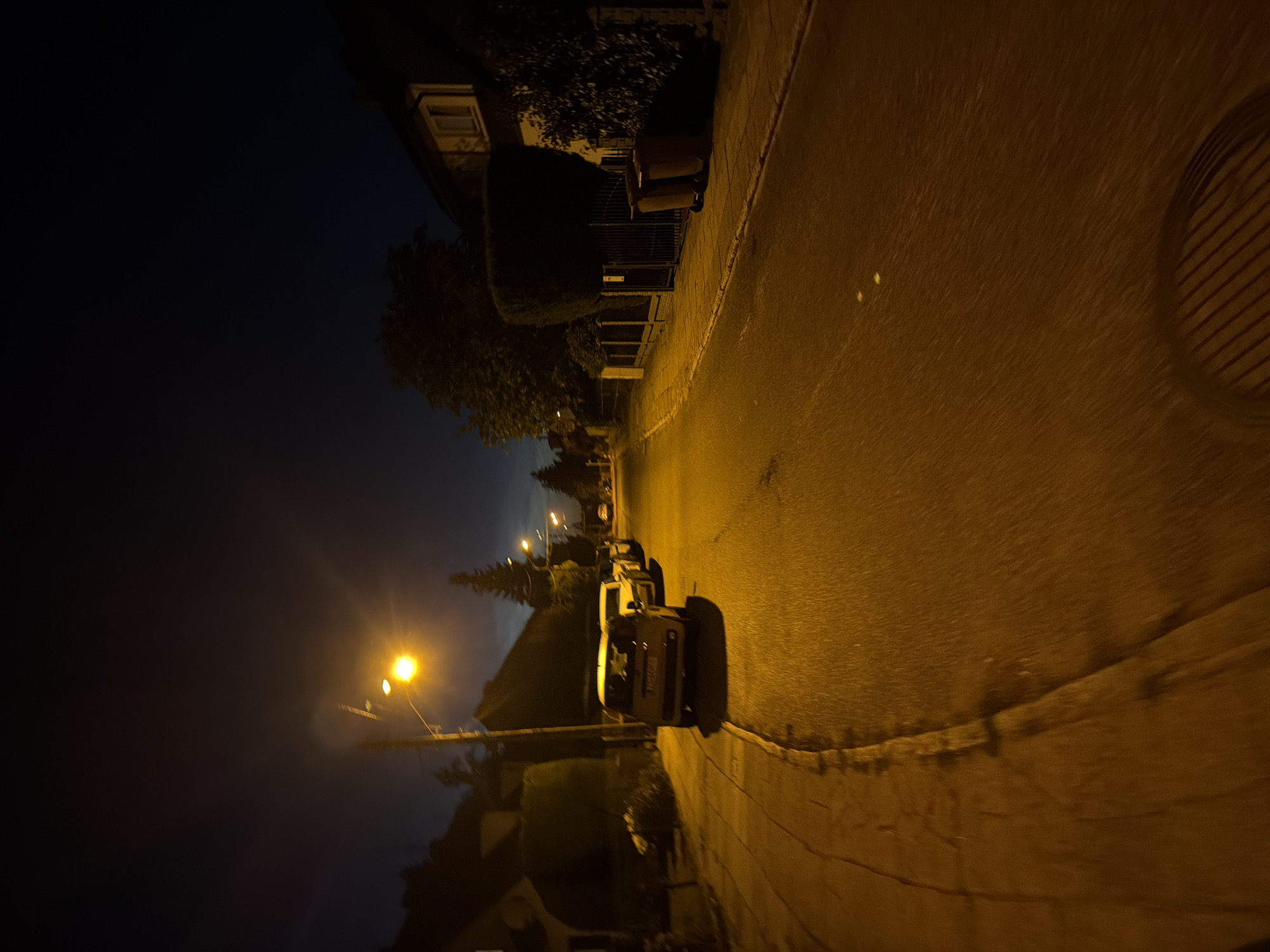 The image depicts a residential street at night in Szczecin, Poland. A streetlamp illuminates a row of parked yellow vehicles, including a minivan, along the curb. The street is paved with asphalt, and there is a concrete sidewalk on the left. Houses with illuminated windows are visible on either side of the street, along with trees and fences. Two large trash bins are placed on the sidewalk near a gate. The sky is dark, indicating it is nighttime.