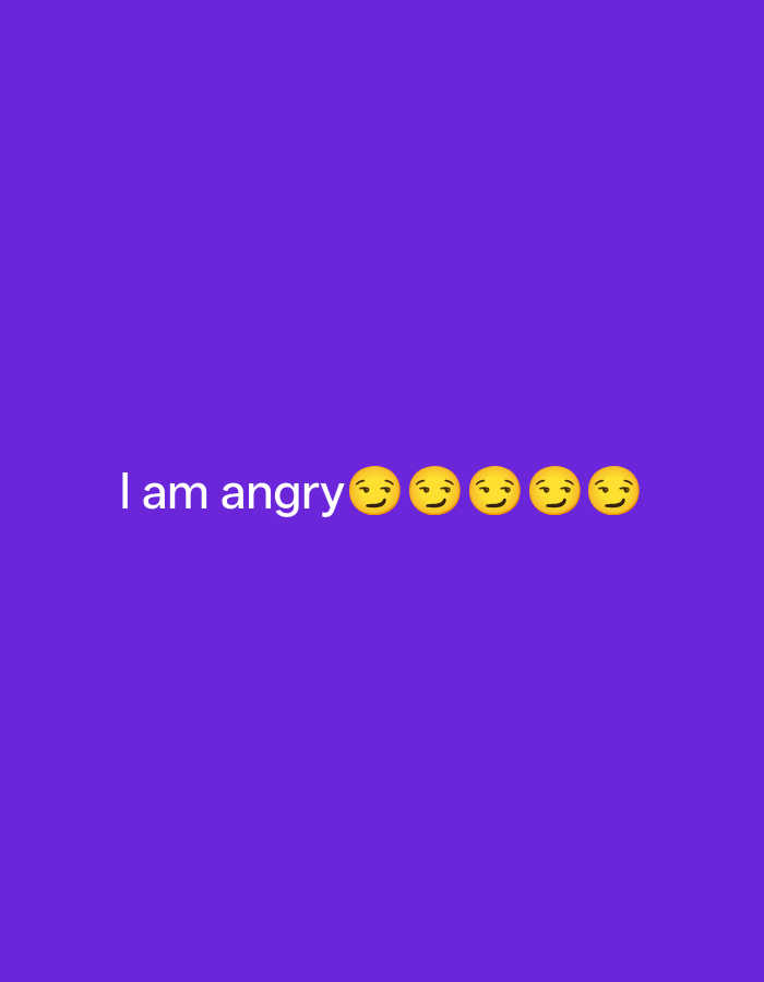 The media file displays text on a solid purple background. The text reads "I am angry" followed by five emoji faces. The emoji faces are yellow and depict a neutral to slightly annoyed expression. The activity or event taking place is the display of a statement and accompanying emojis. There are no visible details about time of day, weather, or specific location cues beyond the generic purple background, which does not provide any context related to Payagaboh, Indonesia. The dominant emotion conveyed by the text and emojis is anger.