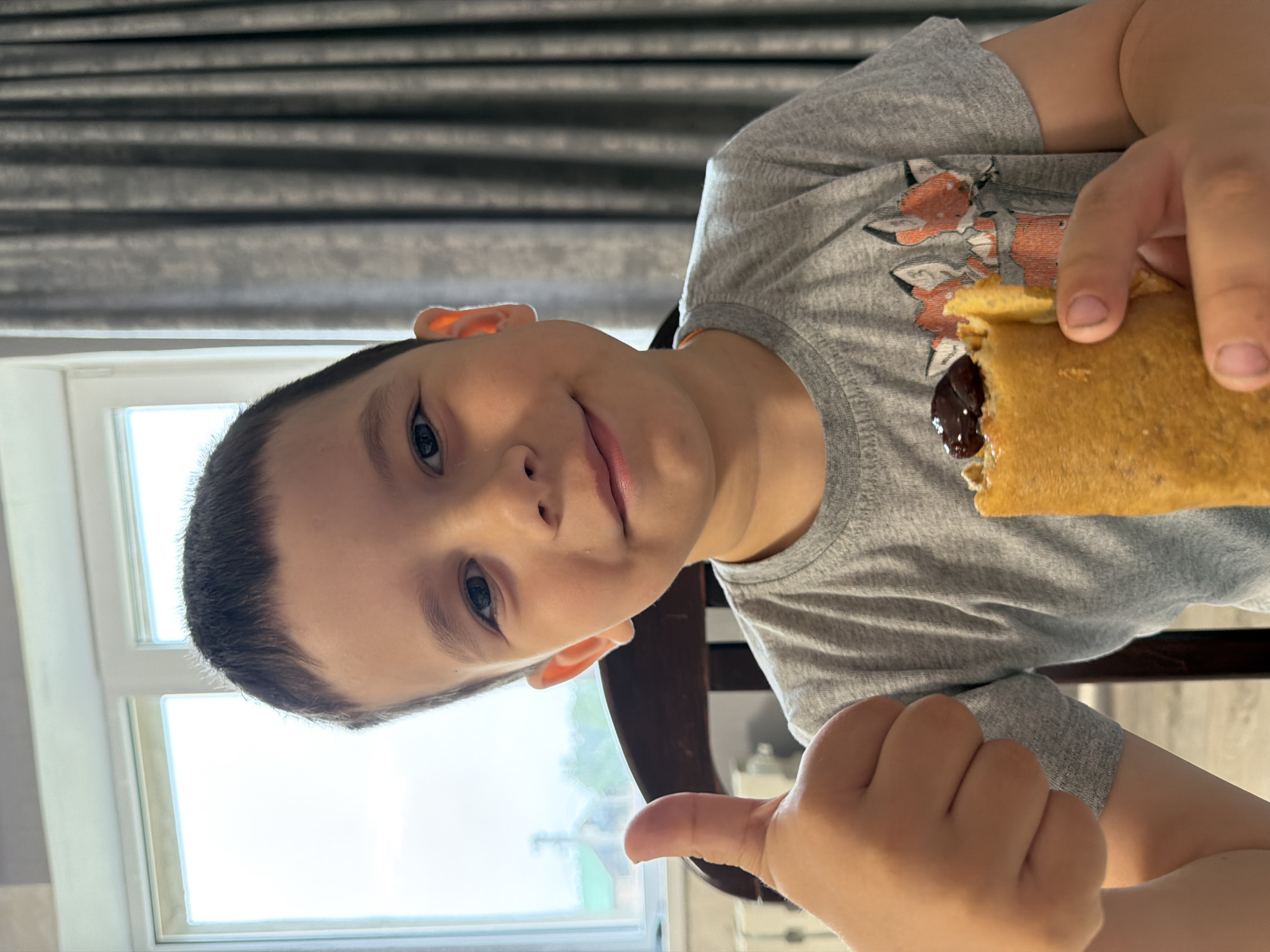 The image displays a young boy, appearing to be of primary school age, sitting indoors and looking directly at the camera with a slight smile. He has short dark hair and light-colored eyes. He is wearing a grey short-sleeved t-shirt featuring a graphic design of several orange and white fox-like figures.
In his right hand, the boy is holding a golden-brown, rectangular pastry with a visible dark, gooey filling, possibly chocolate or jam. A bite has been taken from the pastry. His left hand is prominently visible in the foreground, giving a clear thumbs-up gesture, which conveys satisfaction or approval.
The background shows a bright window on the left side, indicating it is daytime. Outside the window, some green foliage and a distant structure, possibly a roof, are visible. Above the window, dark grey horizontal blinds or curtains are present. A dark wooden chair back is partially seen behind the boy. There is no legible text within the image. The image is provided with the context that it was taken in Chaikovsky, Russia.